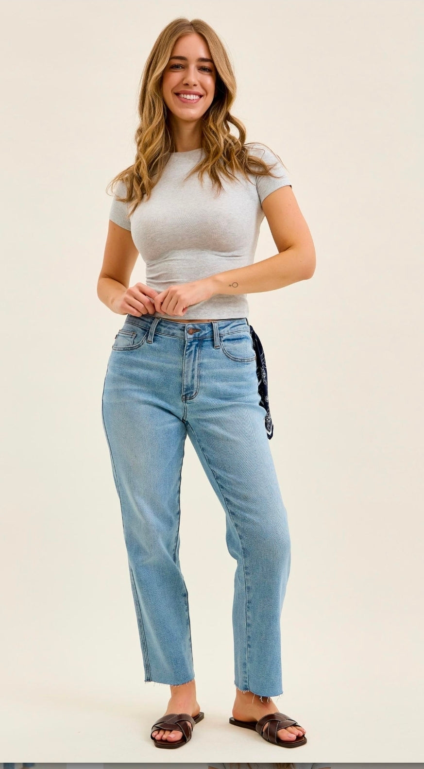 JUDY BLUE MID RISE Ankle Straight W/ Bandana Loop - MEDIUM WASH