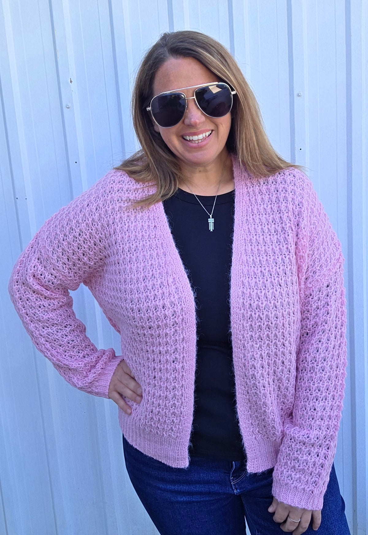 Pink Open Front, Long Sleeve, Open Weave Waffle Textured Cardigan