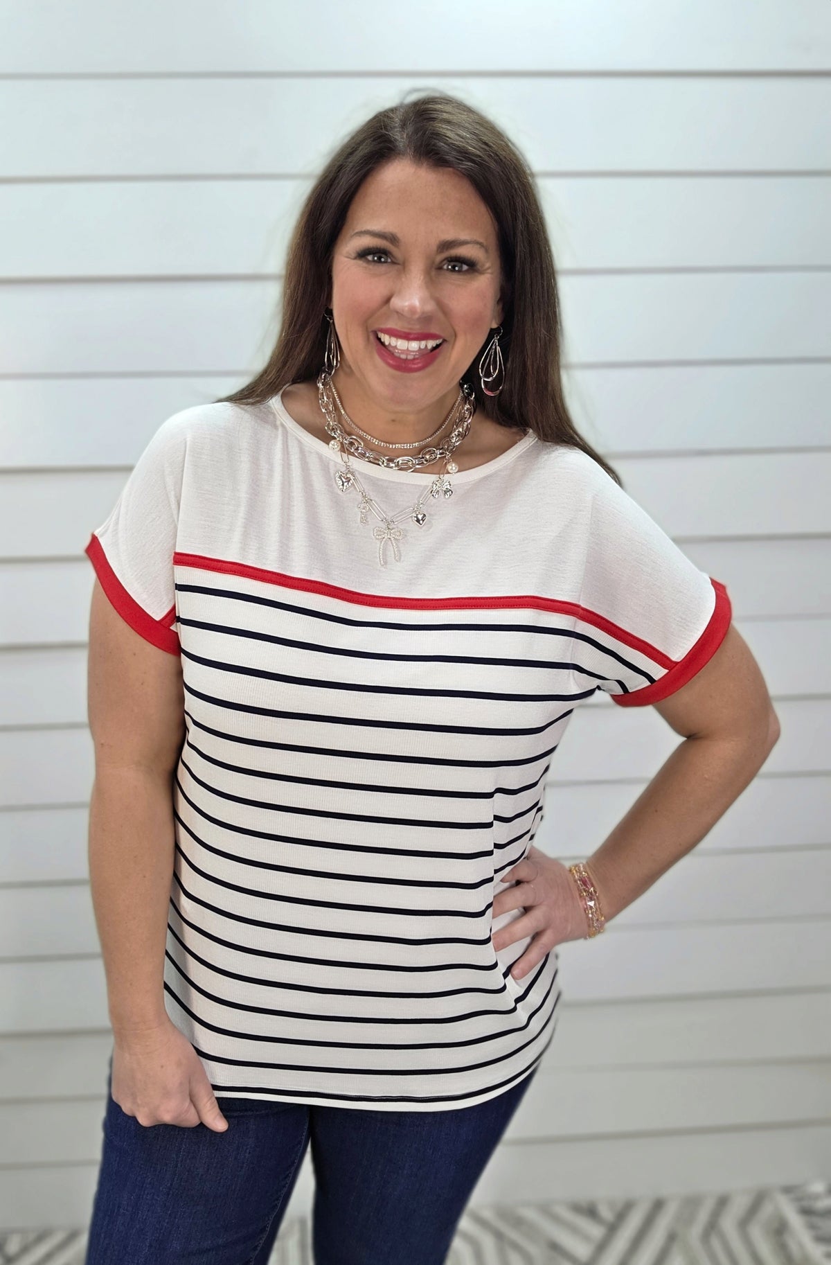 IVORY/NAVY STRIPED COLORBLOCK TOP W/ RED TRIM