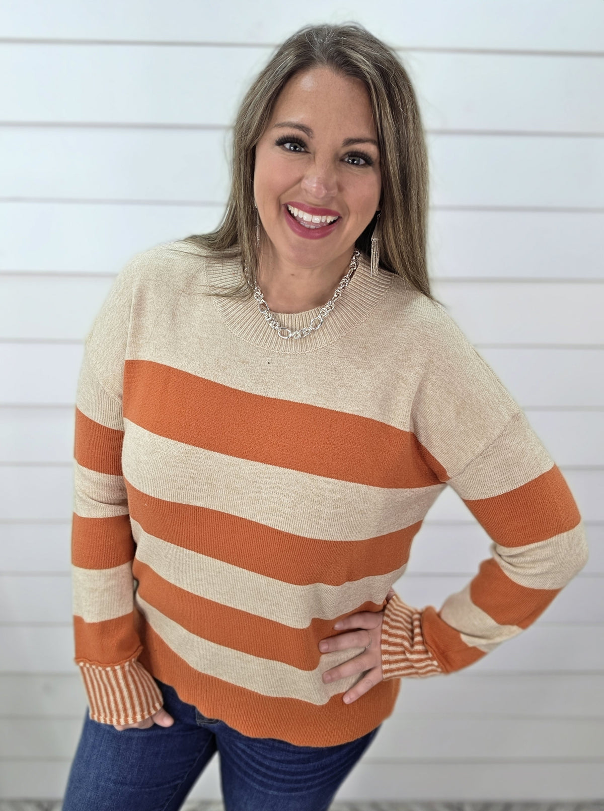 PUMPKIN STRIPED PULLOVER KNIT SWEATER WITH CONTRAST CUFFS