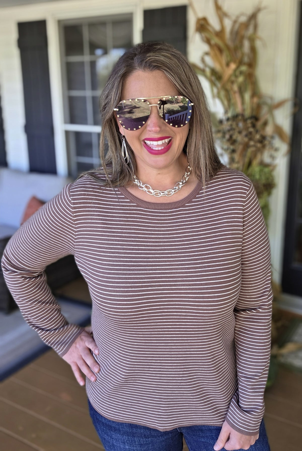 MOCHA PINSTRIPED PULLOVER SWEATER