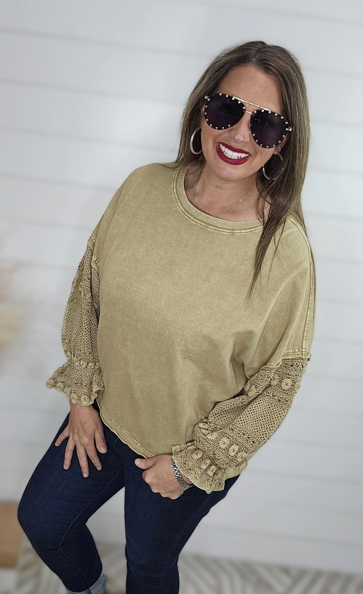 MINERAL WASH CAMEL TOP W/ LACE TRIM SLEEVE