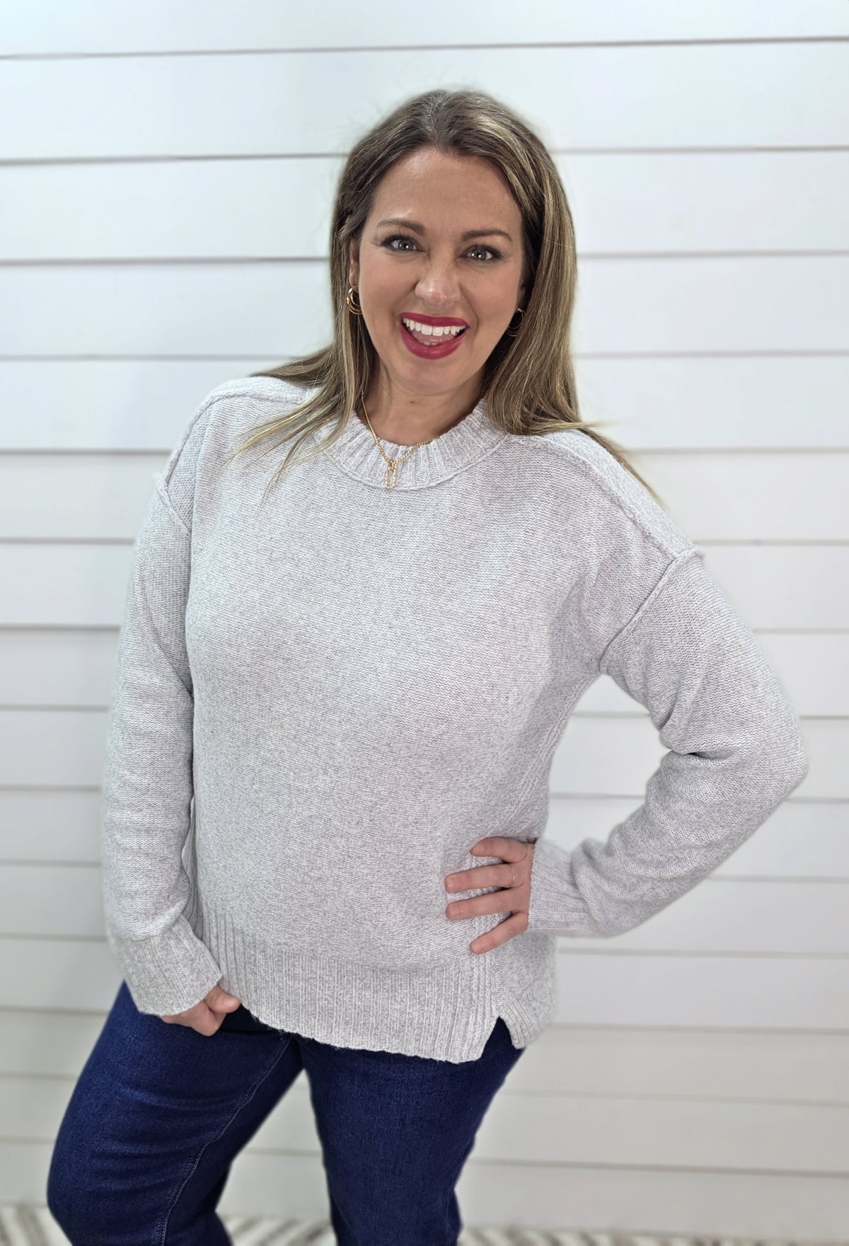 LT GREY ULTRA SOFT SEAM DETAIL PULLOVER SWEATER