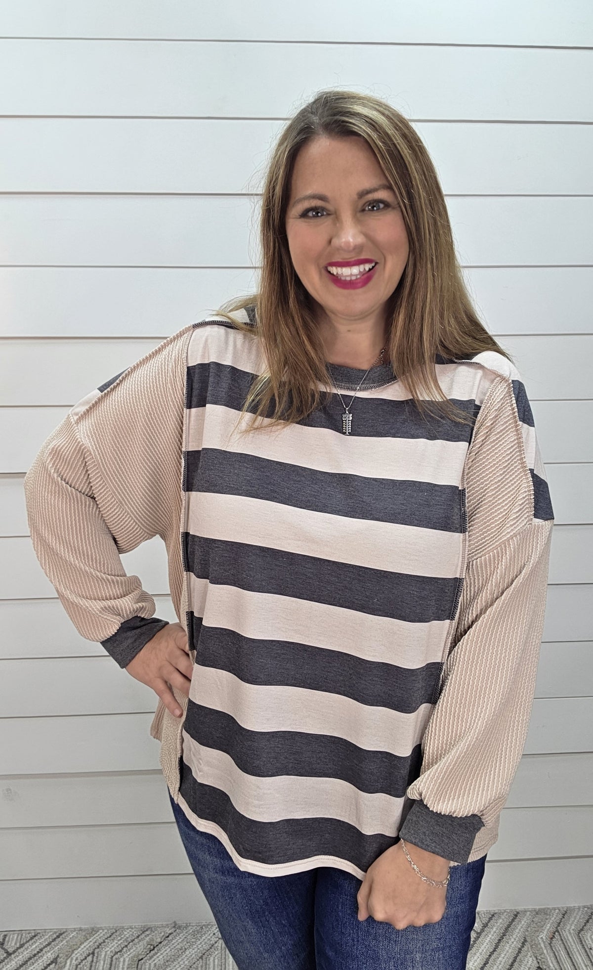 STONE/CHARCOAL WIDE STRIPED KNIT TOP W/ RAISED RIBBED ACCENT