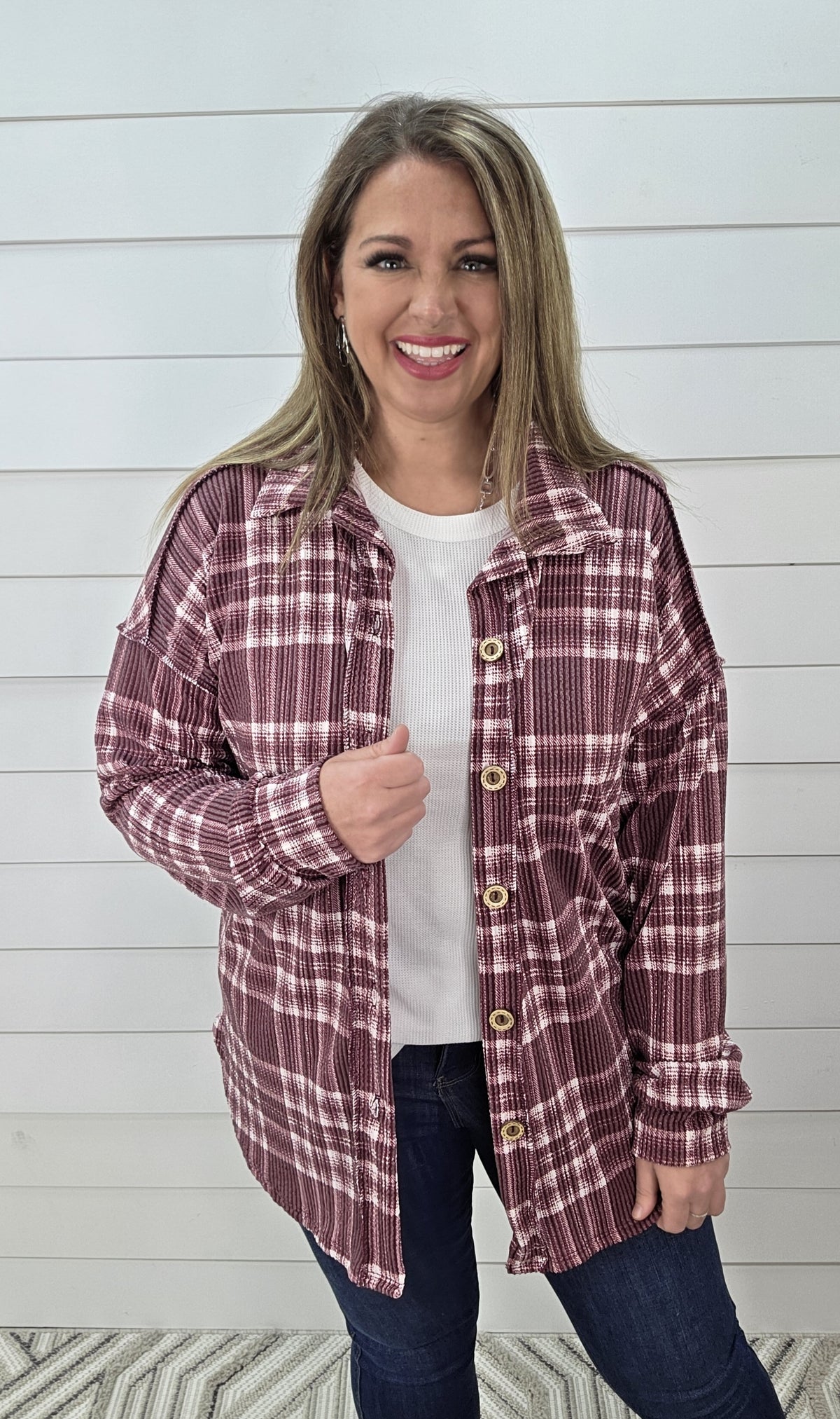 BURGUNDY PLAID RAISED RIBBED BUTTON KNIT TOP