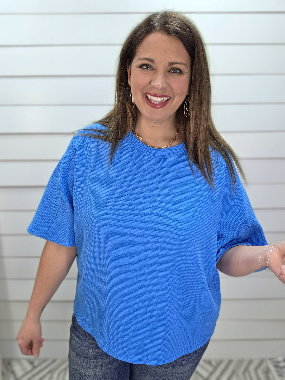 BLUE DOUBLE KNIT TEXTURED HALF SLEEVE KNIT TOP