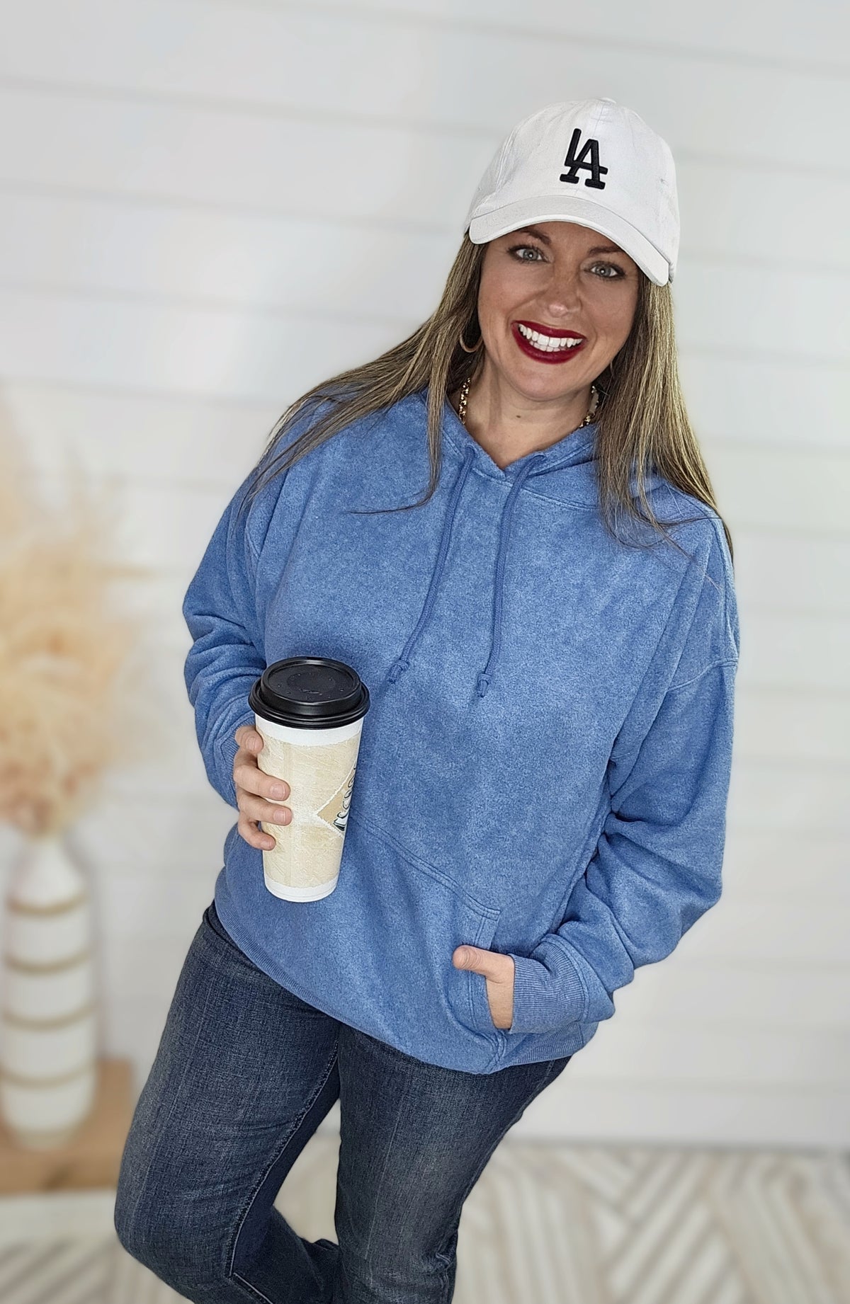 GREY BLUE BRUSHED SOFT KNIT HOODED PULLOVER