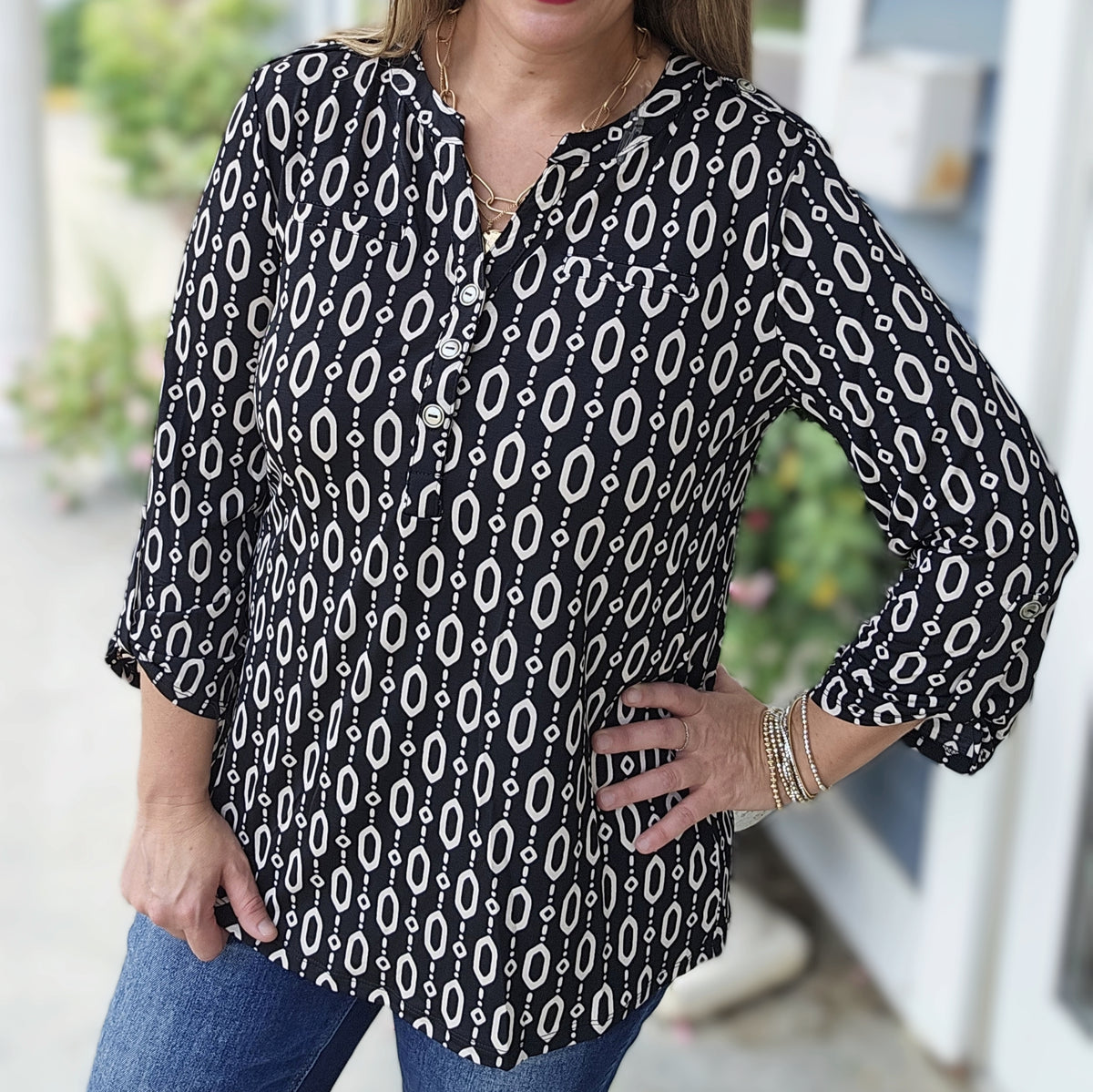 DEAR SCARLETT BLACK/CREAM GEO PRINT LUXE LIZZY