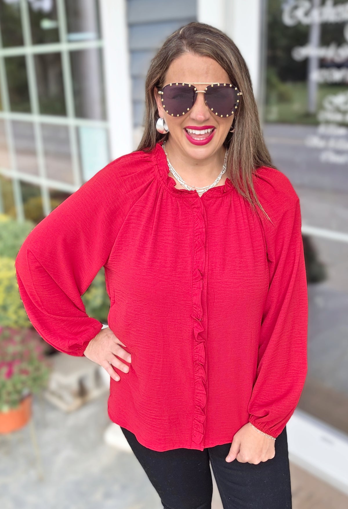 WINE FRILL TRIM LONG SLEEVE BUTTON UP WOVEN BLOUSE