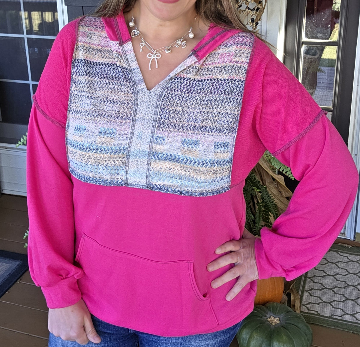 FUSCHIA MULTI COLOR CONTAST LIGHT WEIGHT FRENCH TERRY HOODIE