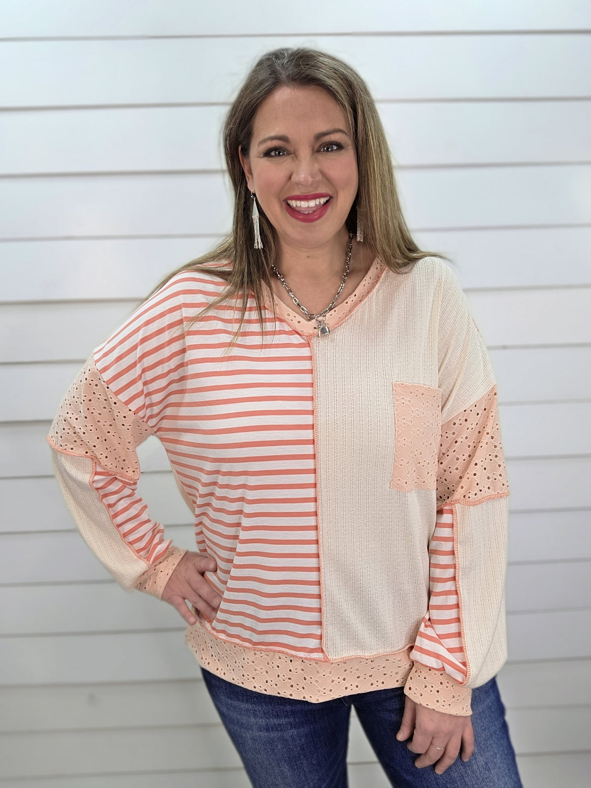 OATMEAL/BLUSH/CORAL CONTAST KNIT LOOSE FIT TOP