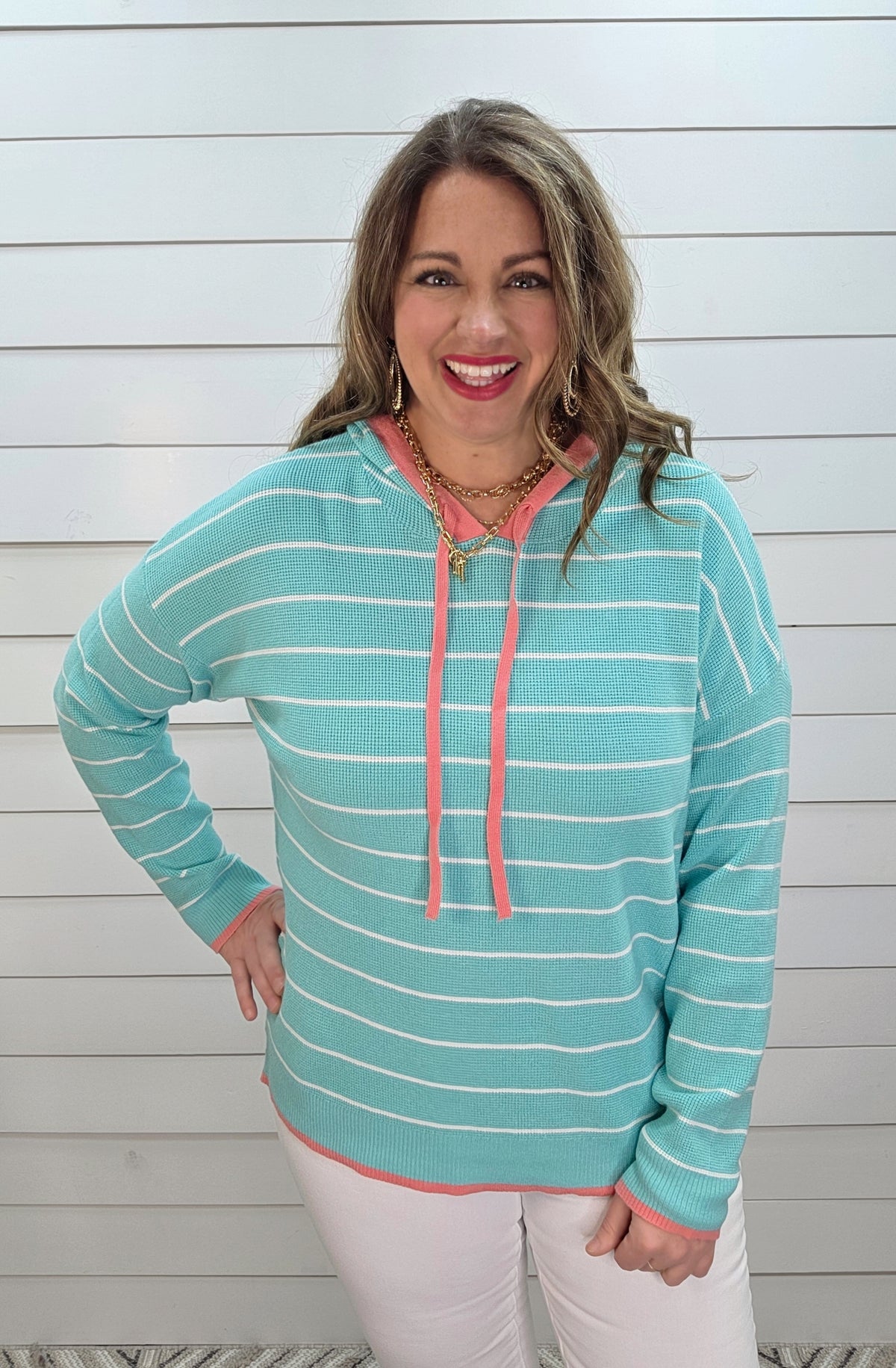 MINT/PINK WAFFLE TEXTURED PULLOVER KNIT HOODIE