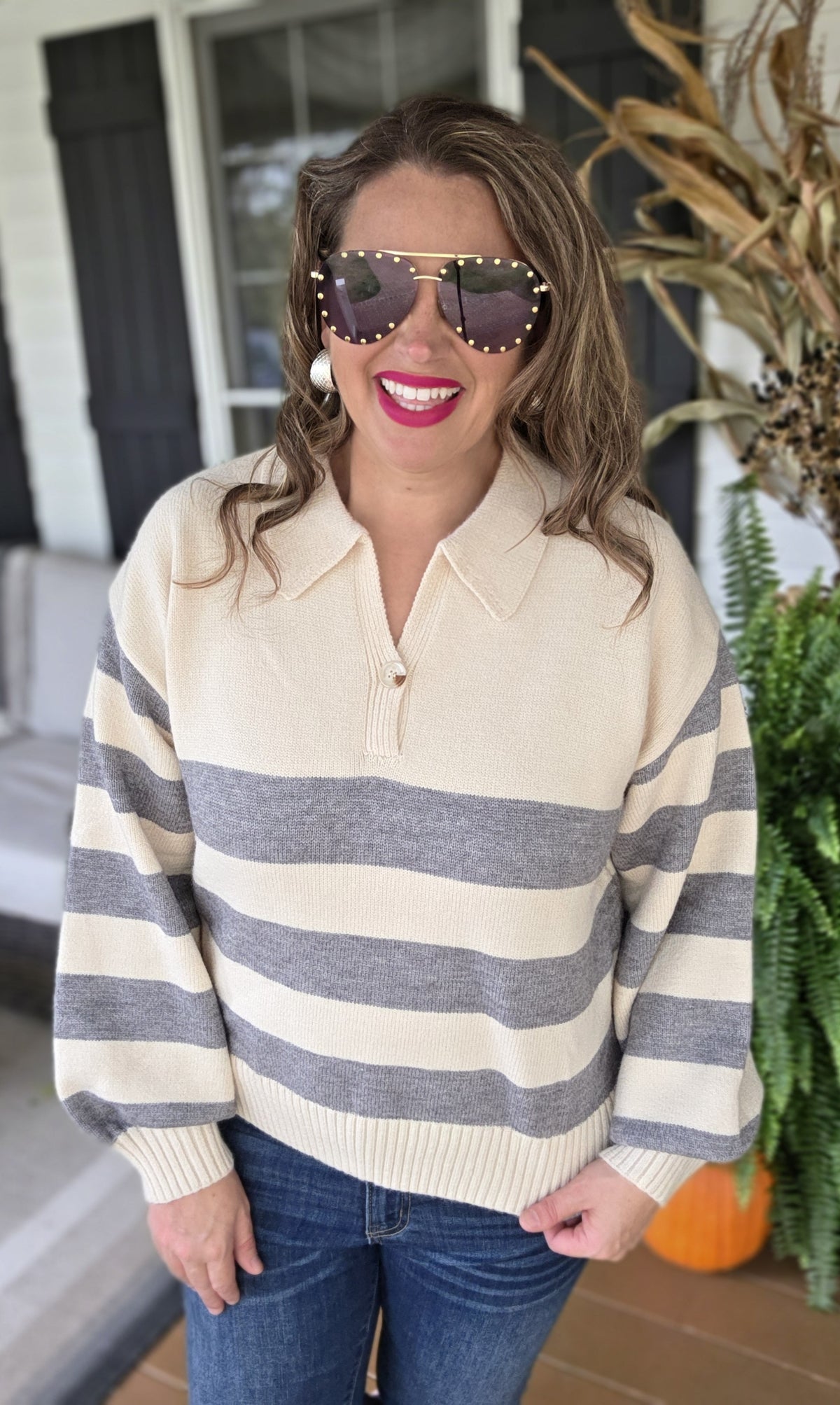 GREY STRIPED V NECK BUTTON TRIM SWEATER