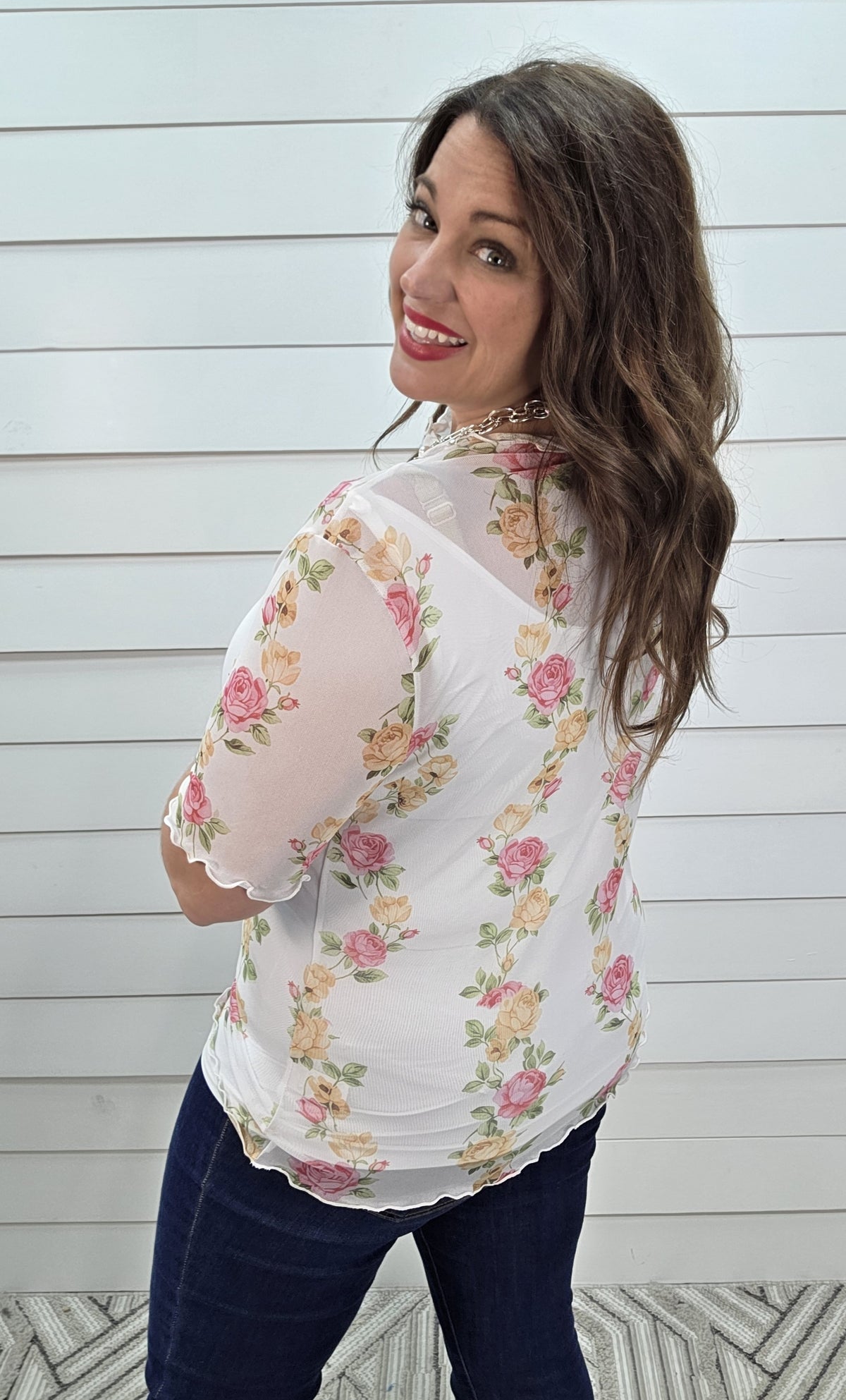 WHITE MESH FLORAL TOP