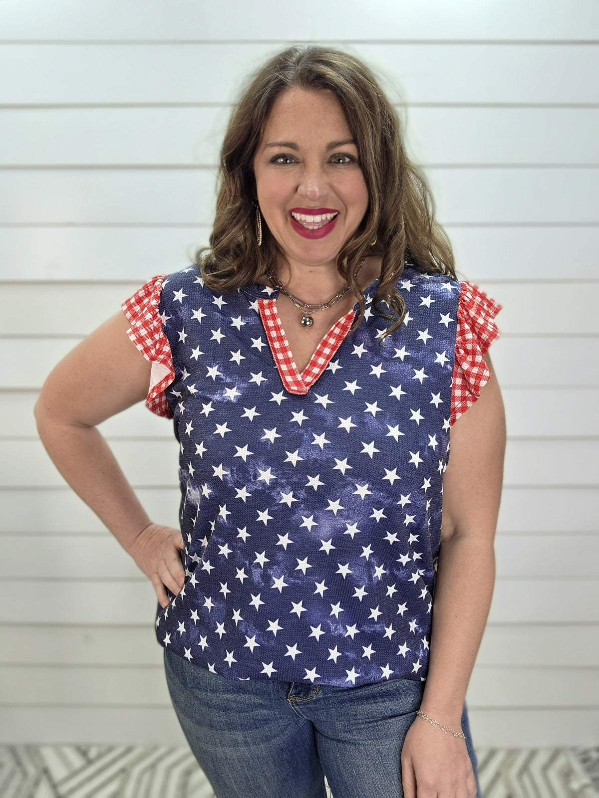NAVY STAR KNIT TOP W/ GINGHAM RUFFLE SLEEVE