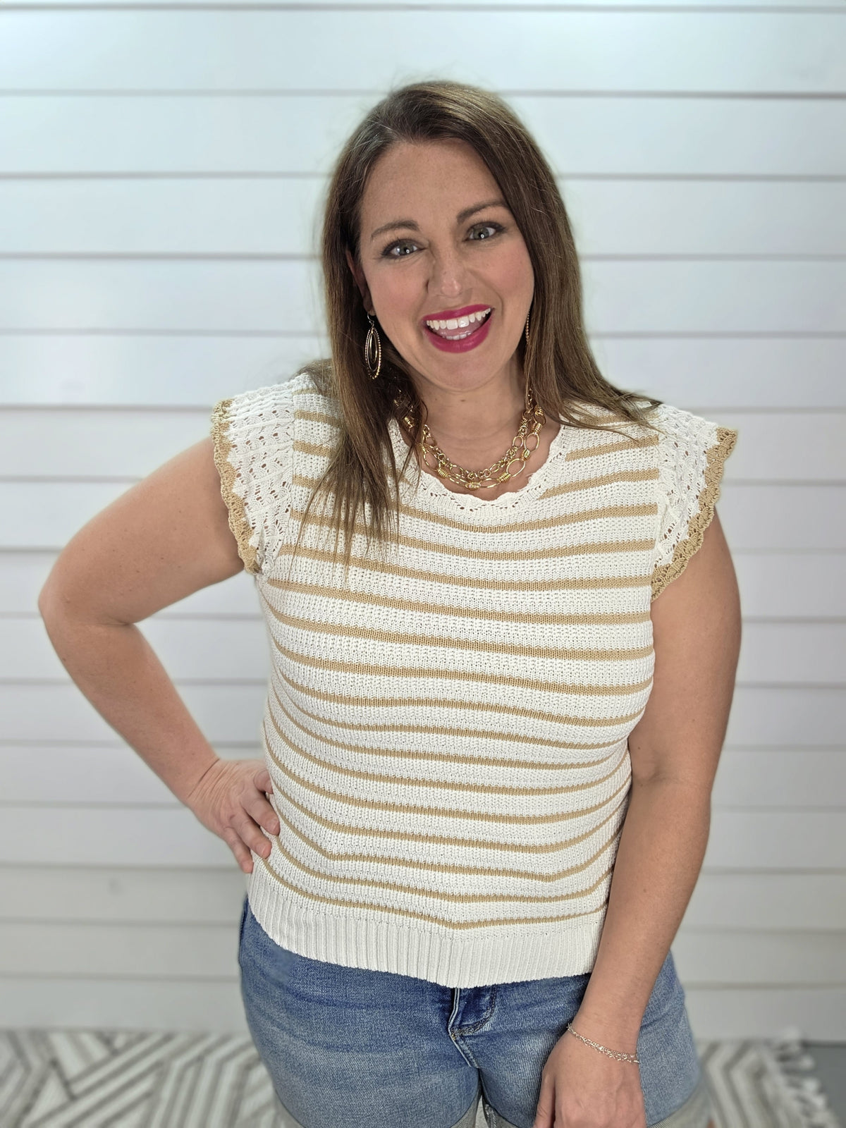 TAUPE/CREAM STRIPED SLEEVELESS SWEATER TOP W/ RUFFLE SLEEVE