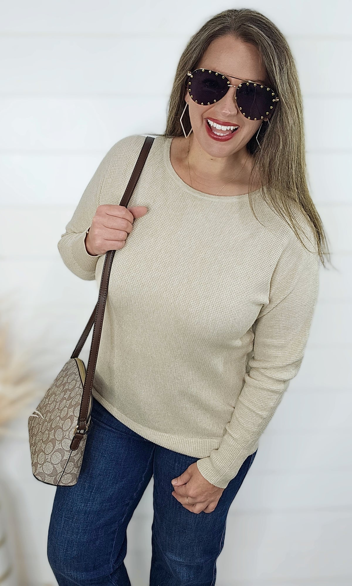 OATMEAL WAFFLE TEXTURE SWEATER W/ RIBBED TRIM