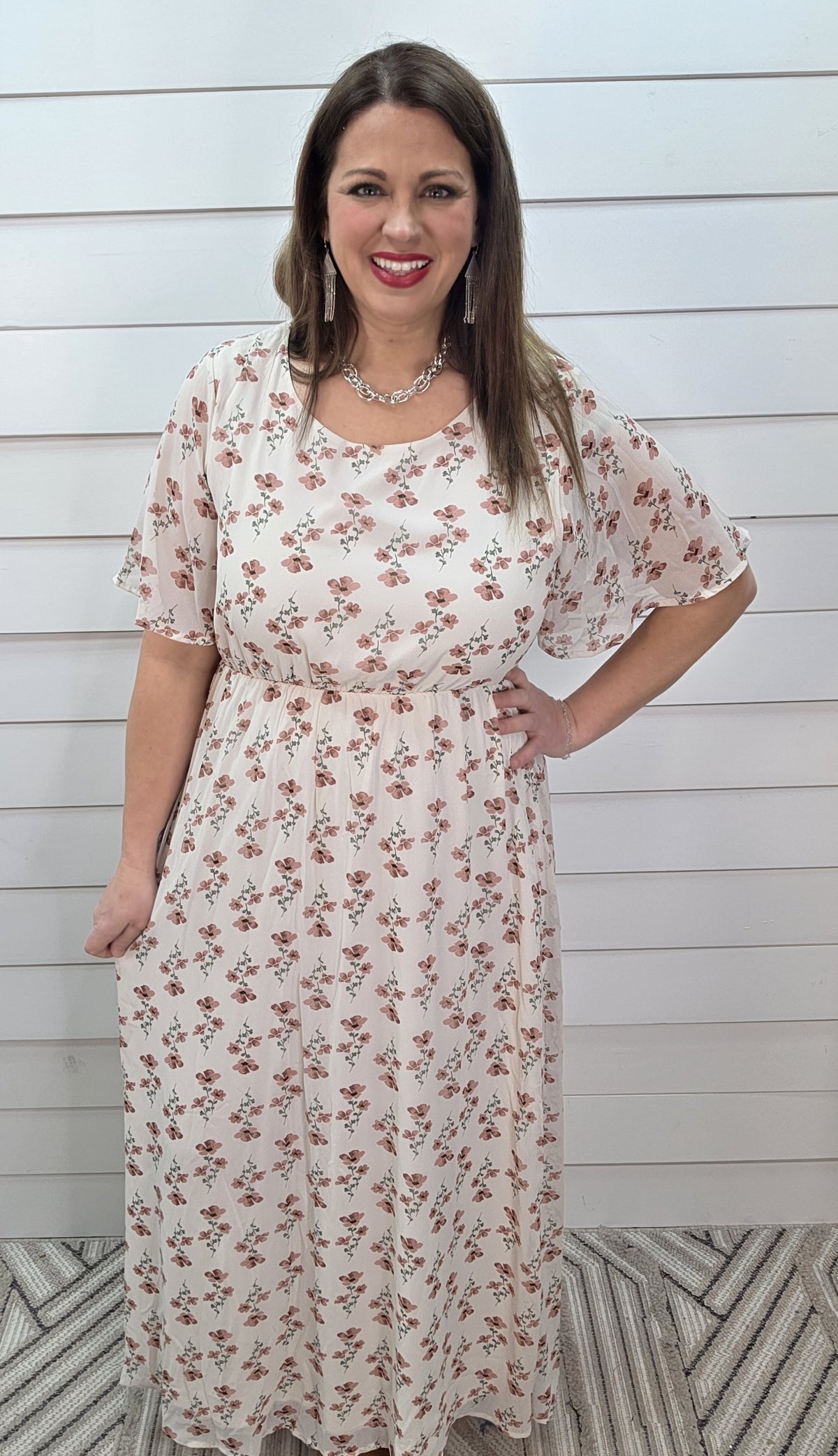 IVORY/ROSE FLORAL ELASTIC WAIST DRESS