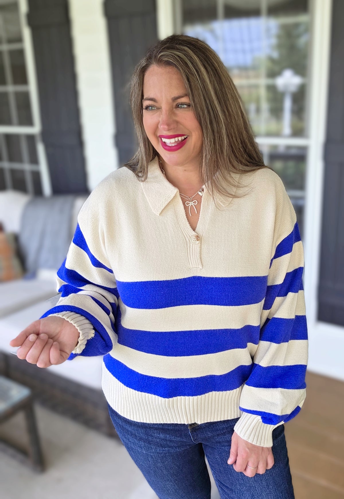 COLBALT STRIPED V NECK BUTTON TRIM SWEATER