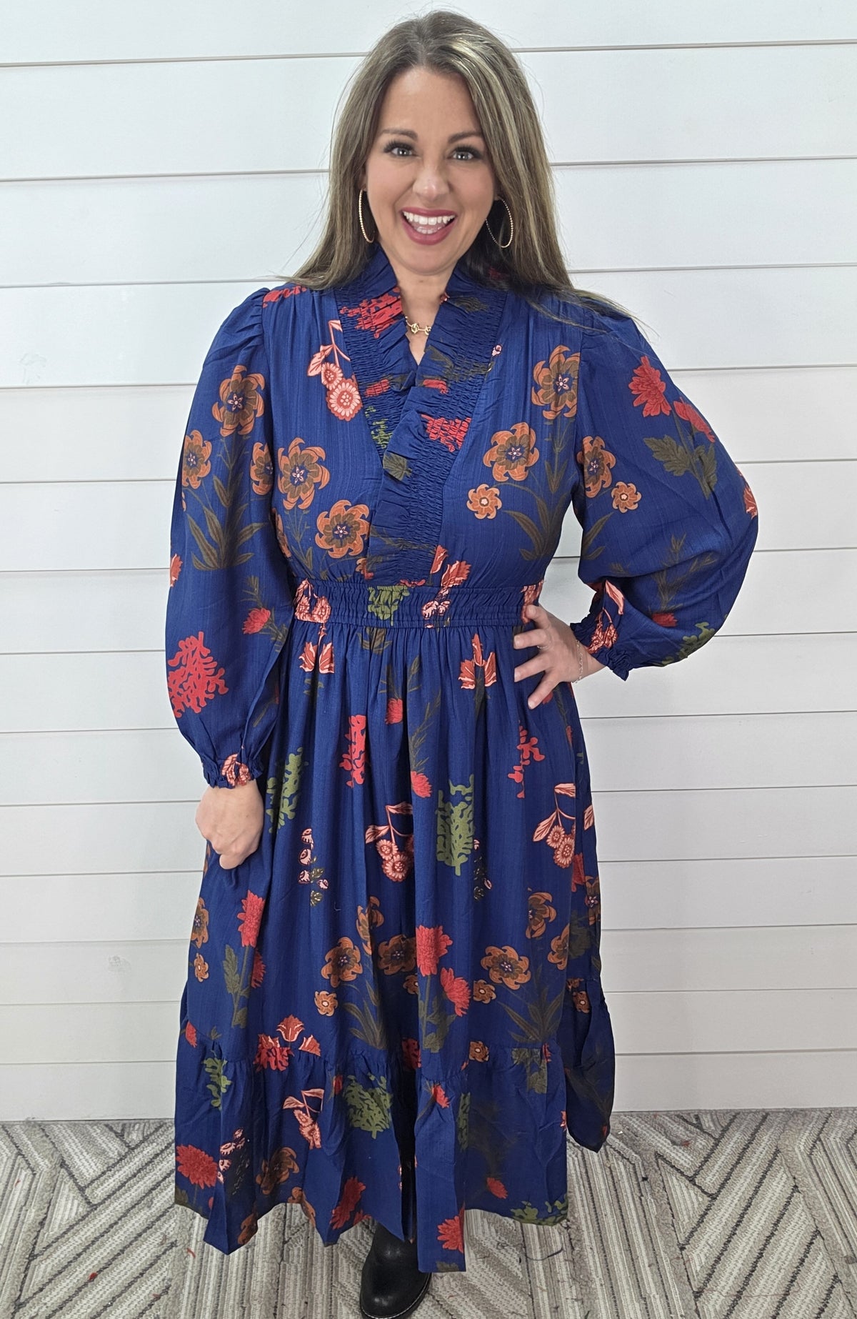 NAVY FLORAL ELASTIC WAIST V NECK LONG DRESS