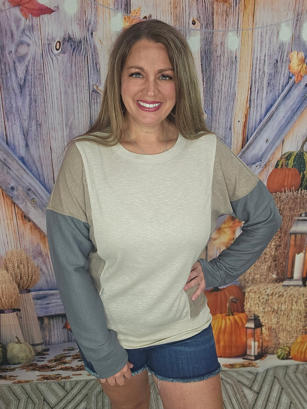 TAUPE COLORBLOCK RIBBED KNIT TOP