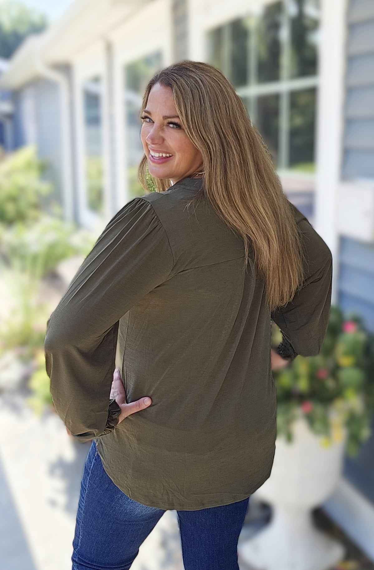 DEAR SCARLETT OLIVE LONG SLEEVE SMOCKED LIZZY TOP