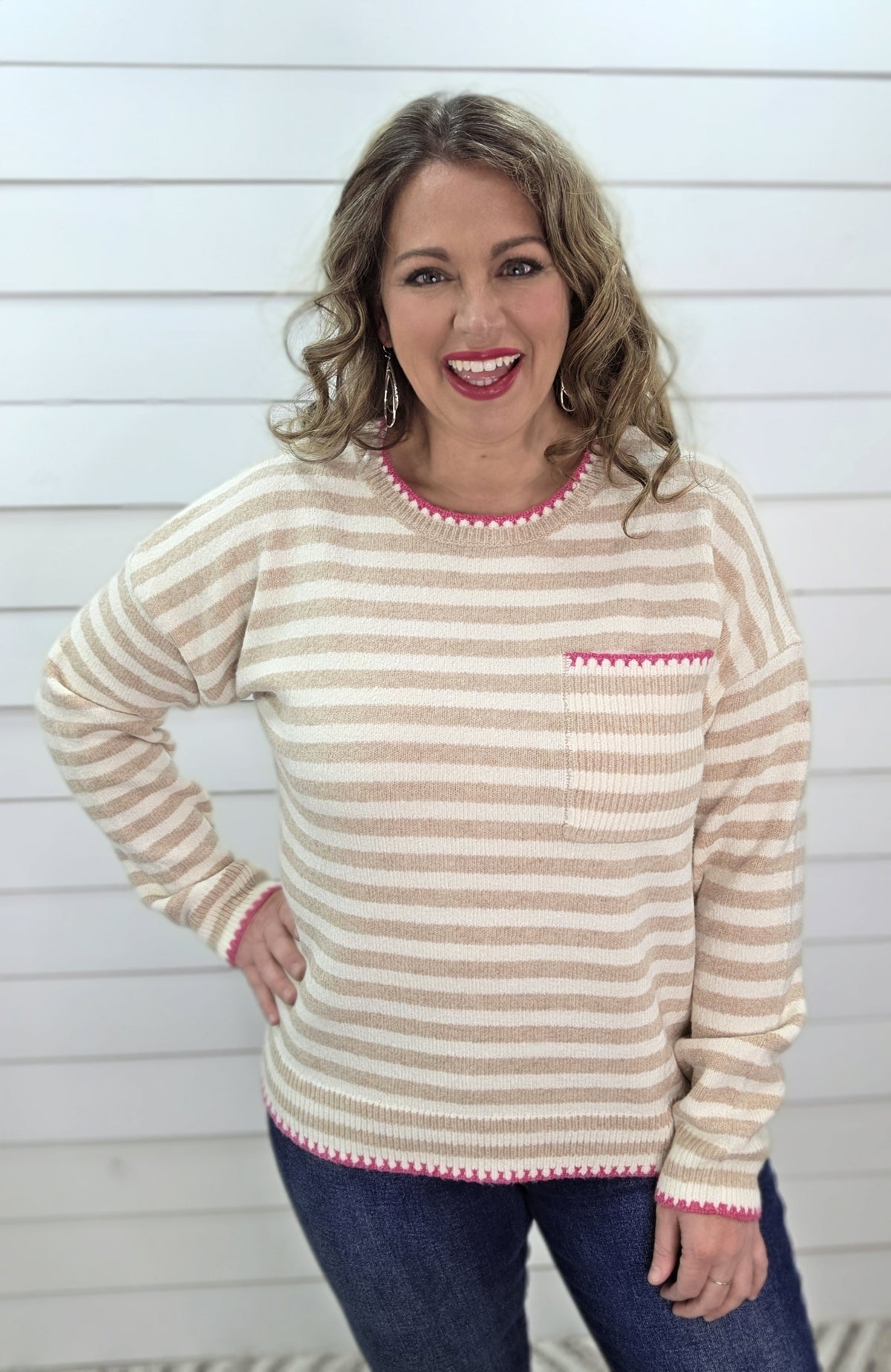 TAUPE/CREAM STRIPED SWEATER W/ HOT PINK TRIM