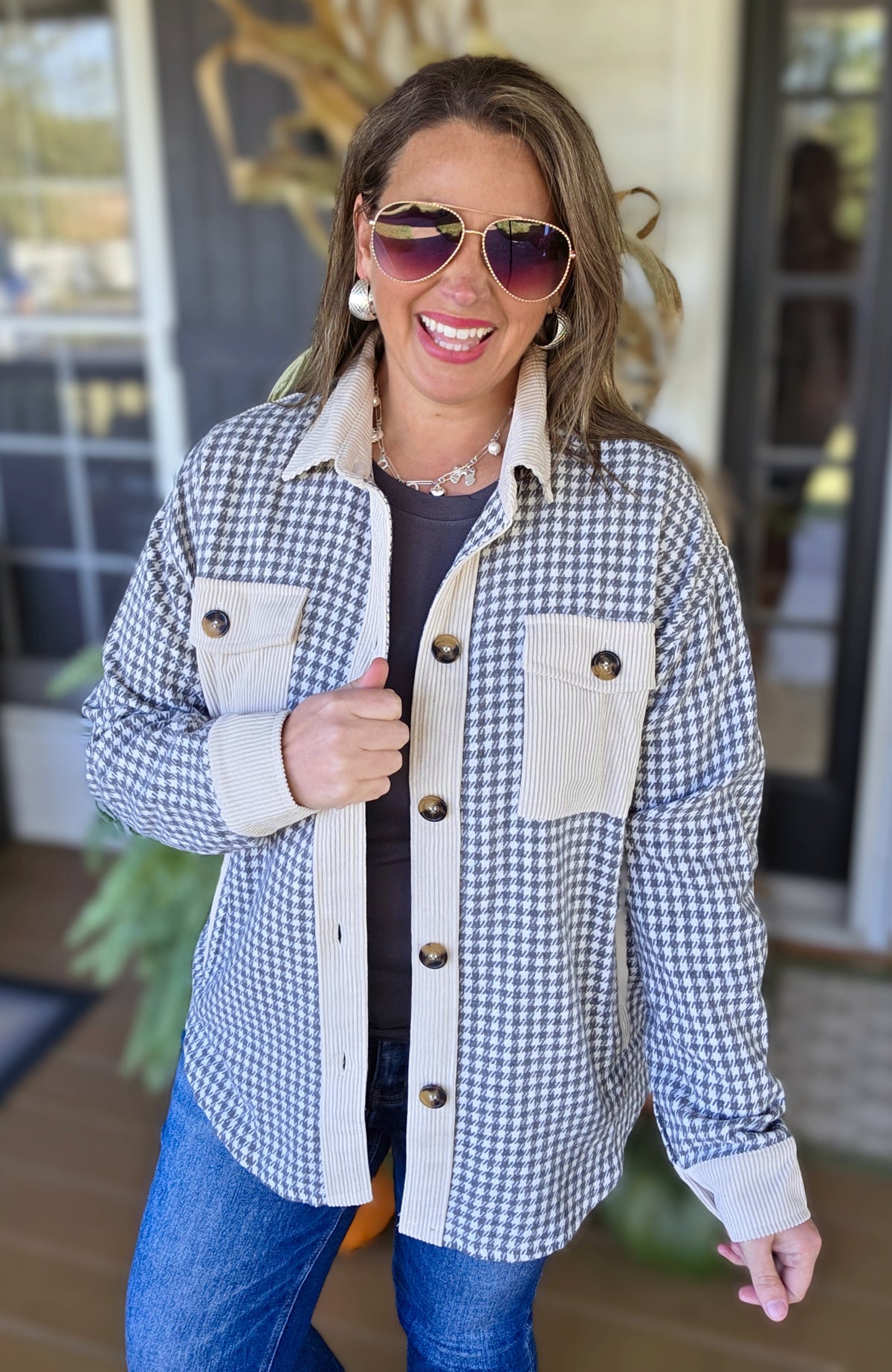 GREY MINI CHECK/CORD CONTRAST SHACKET WITH SIDE POCKETS