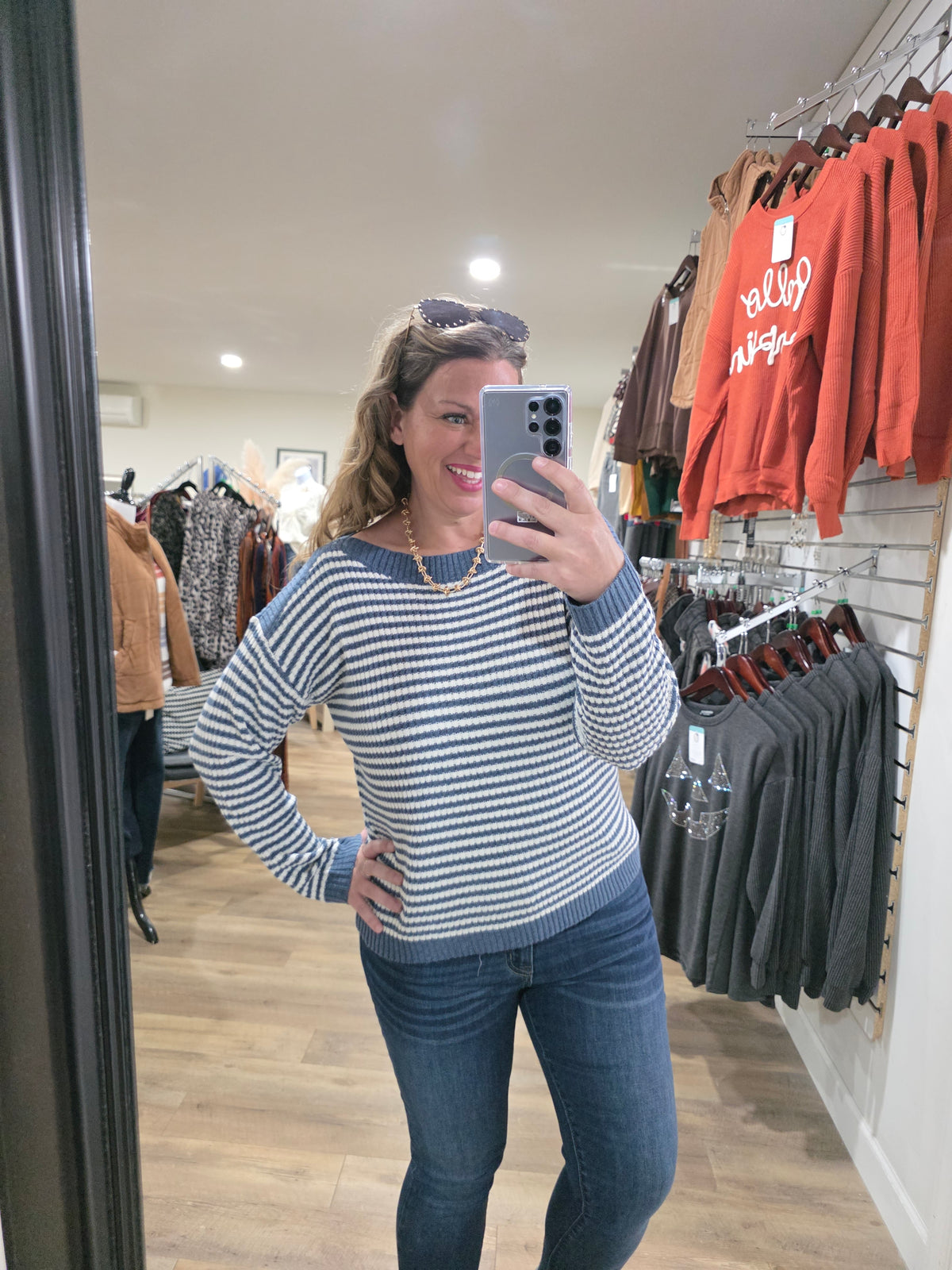 DENIM STRIPED BOAT NECK PULLOVER SWEATER