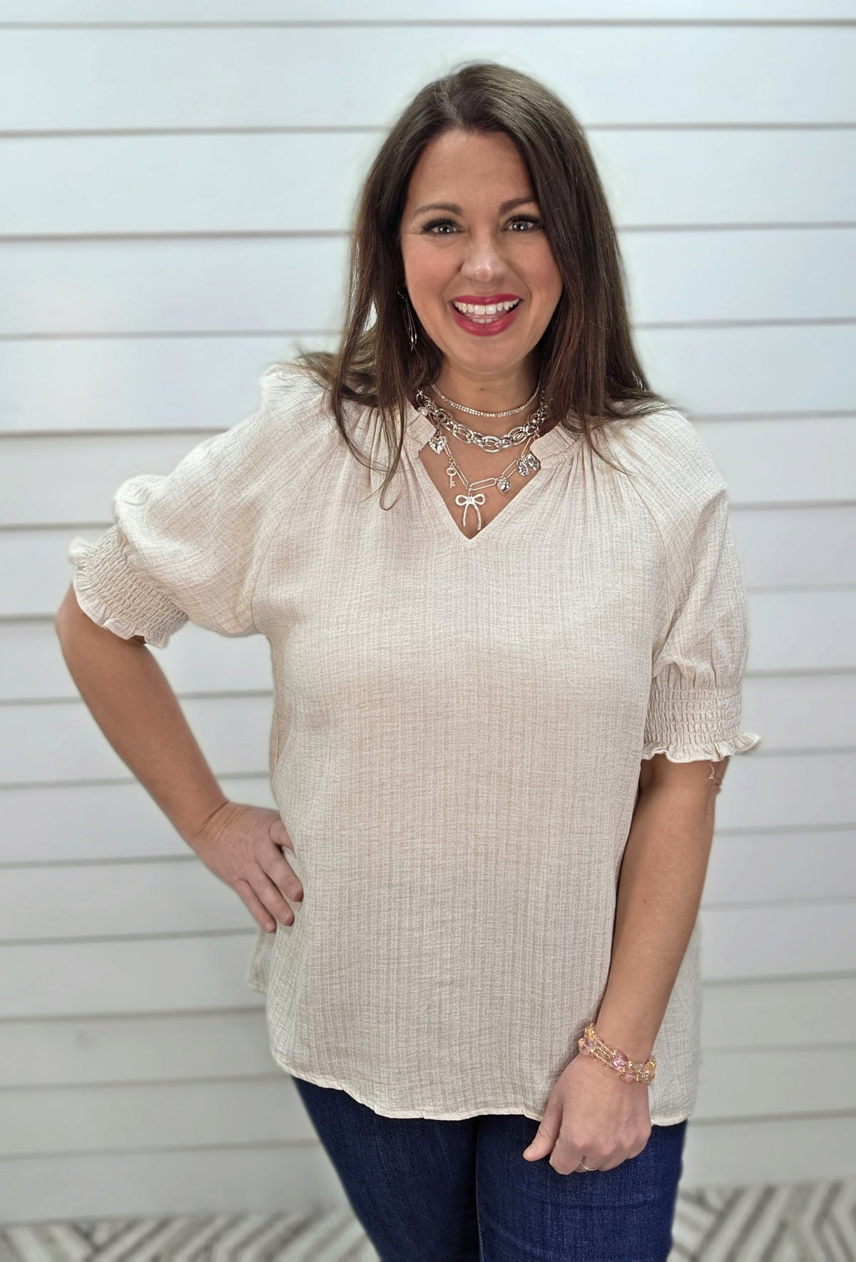 OATMEAL V NECK TOP W/RUFFLE COLLAR & SMOCKED SLEEVES