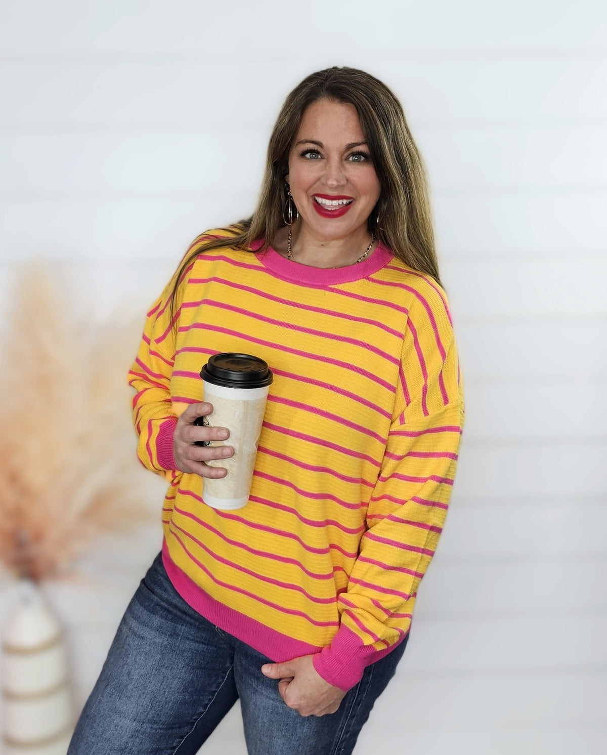 YELLOW/PINK STRIPED KNIT LOOSE TOP