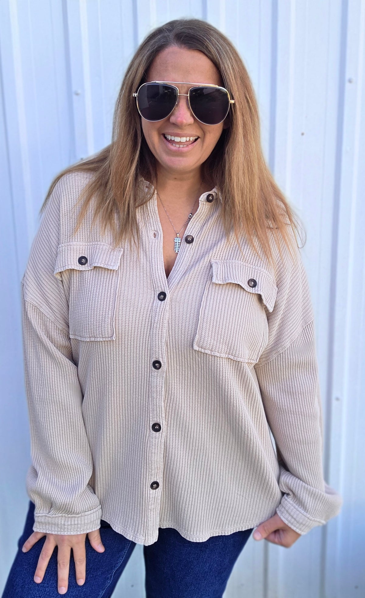 Taupe Mineral Wash Oversized Waffle Knit Button Down Top