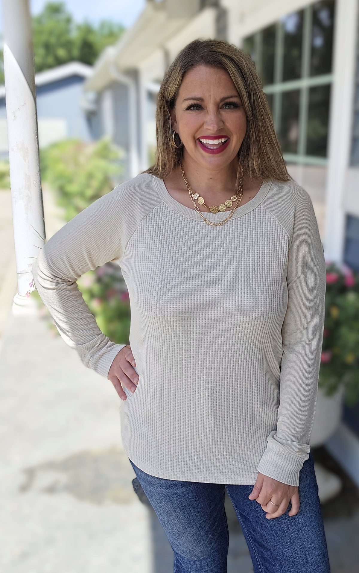 NATURALCONTRAST LONG SLEEVE WAFFLE KNIT TOP