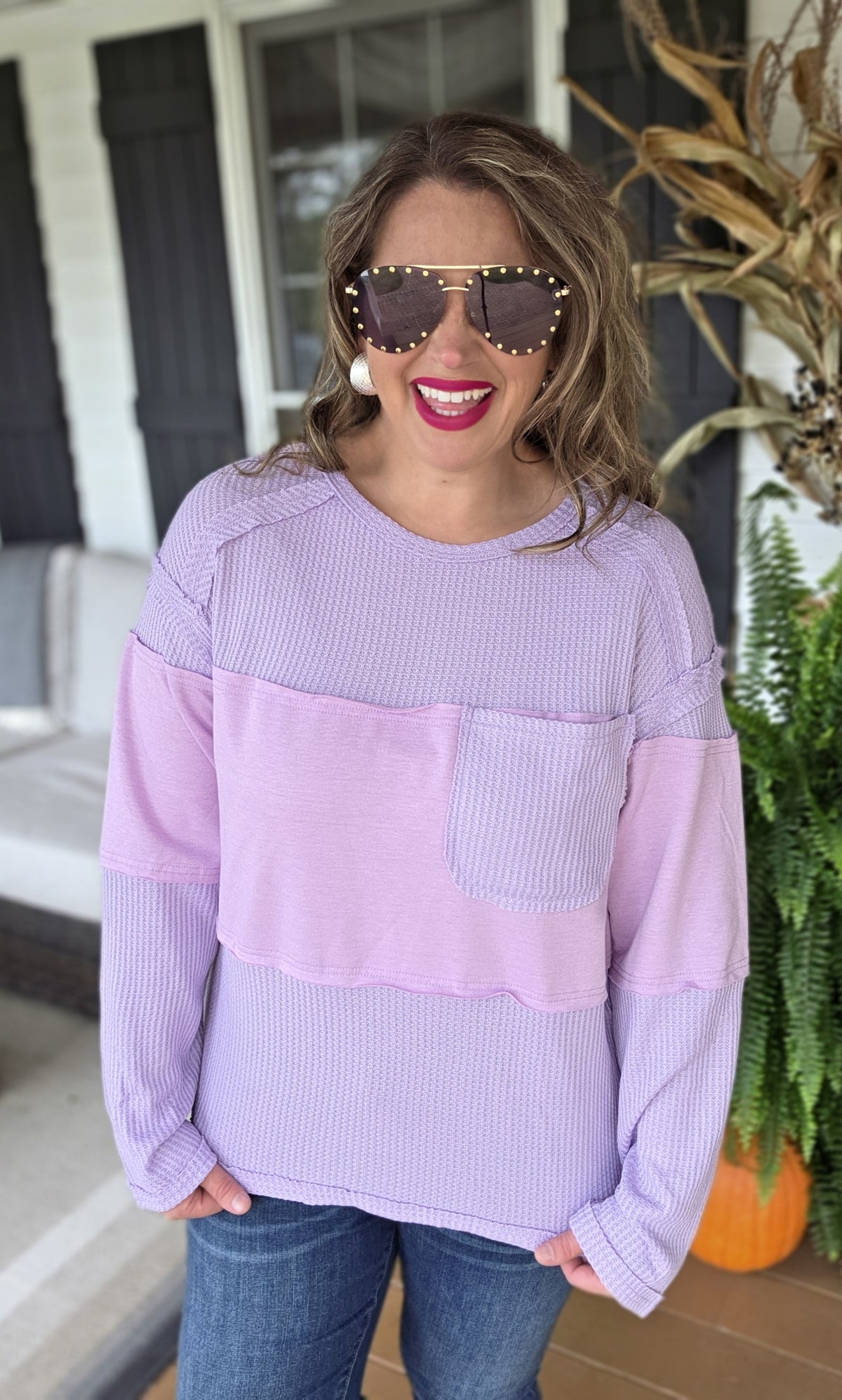 PURPLE WAFFLE CONTRAST POCKET KNIT TOP