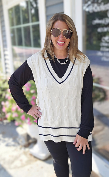 CREAM CABLE KNIT V NECK LONG TIE VEST – Brooch Boutique