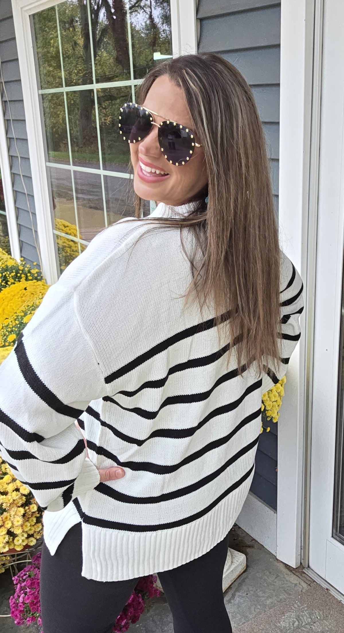 IVORY/BLACK STRIPED OVERSIZED CREW NECK SWEATER