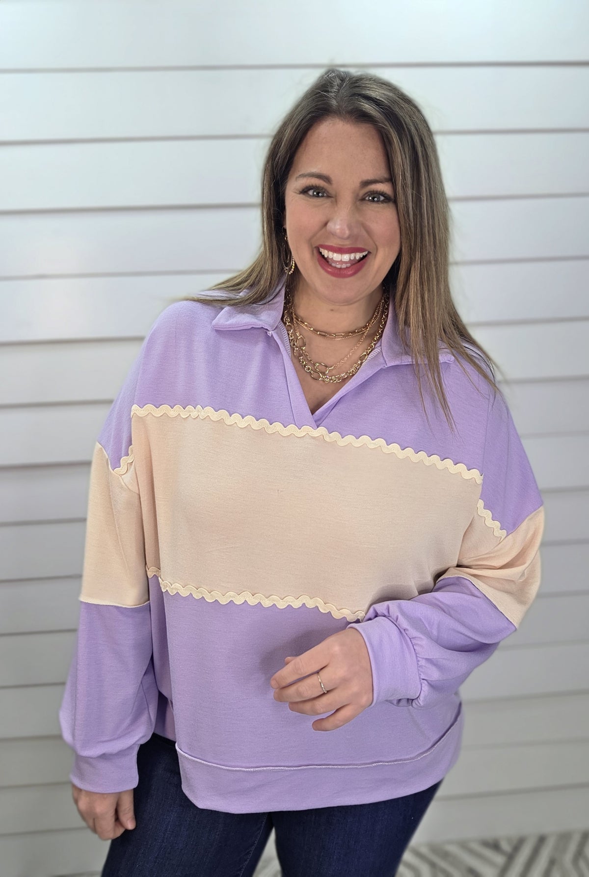 LAVENDER COLORBLOCK LIGHT WEIGHT FRENCH TERRY TOP W/ RIC RAC TRIM