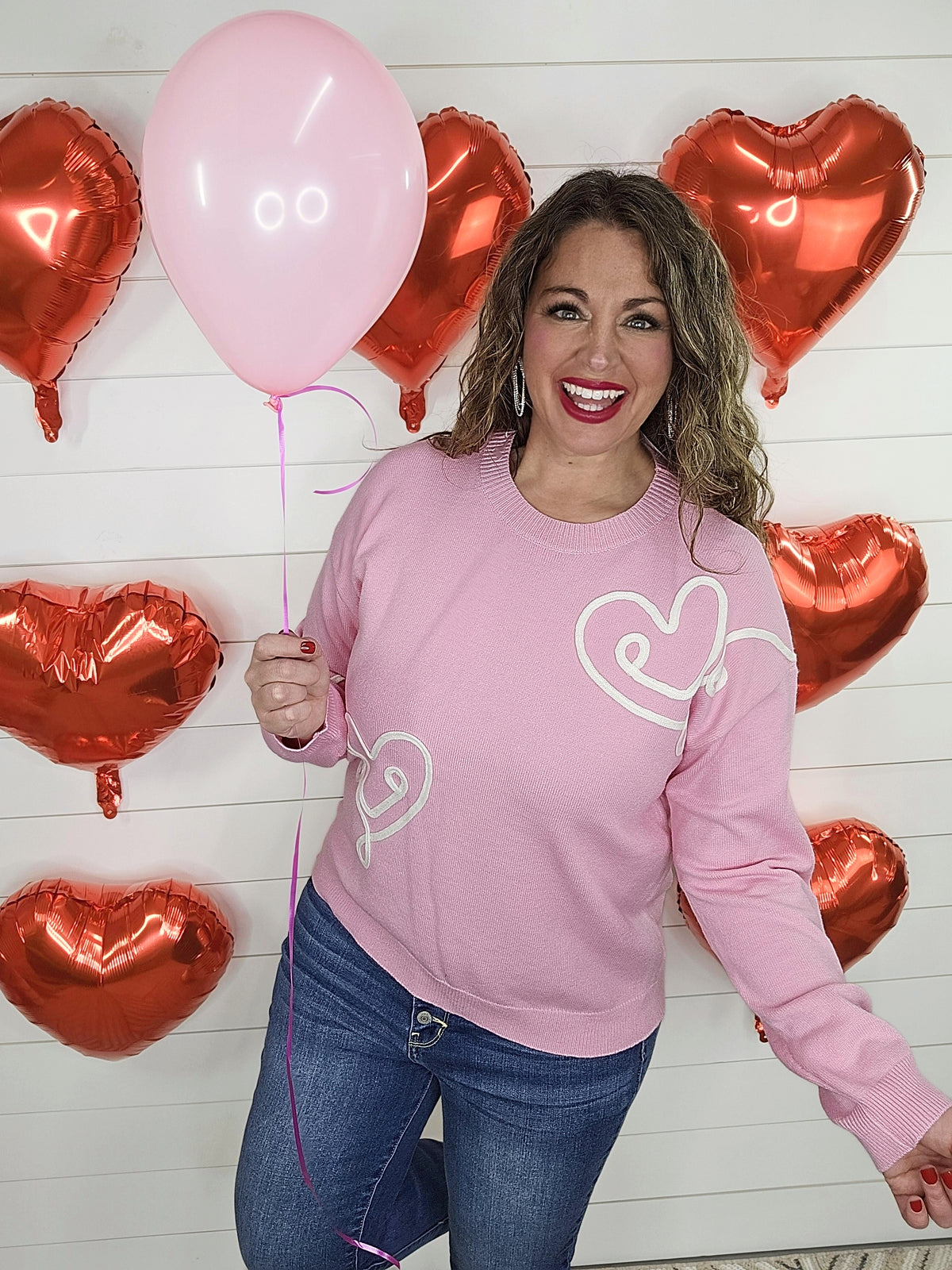 PINK HEART EMBROIDERED PULLOVER SWEATER