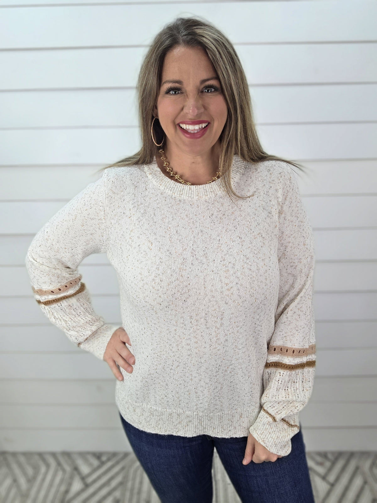 OATMEAL SPRINKLE YARN CONTRAST SLEEVE KNIT SWEATER