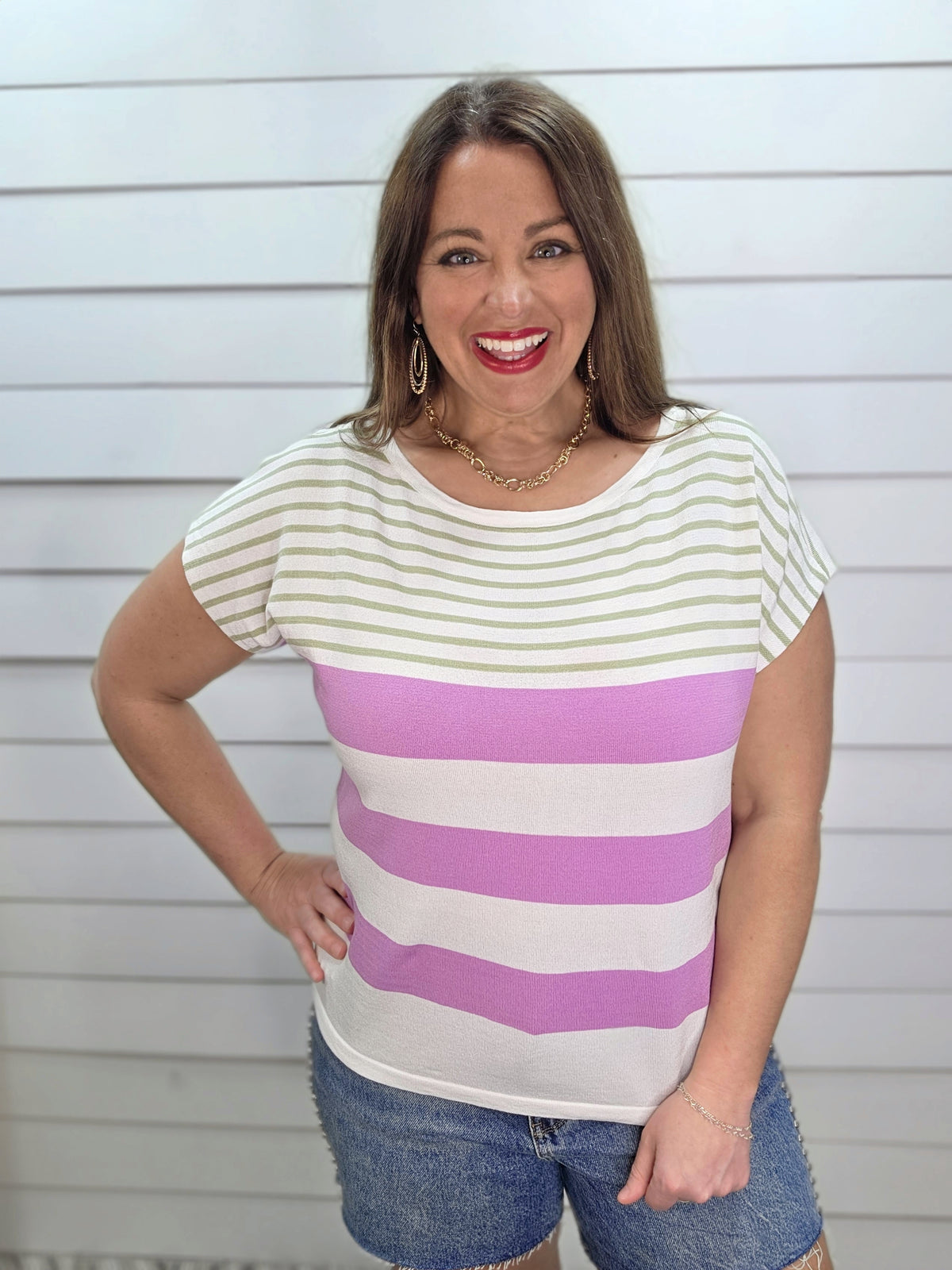 SAGE/LAVENDER/WHITE CONTRAST STRIPED SHORT SLEEVE LIGHT WEIGHT SWEATER KNIT TOP