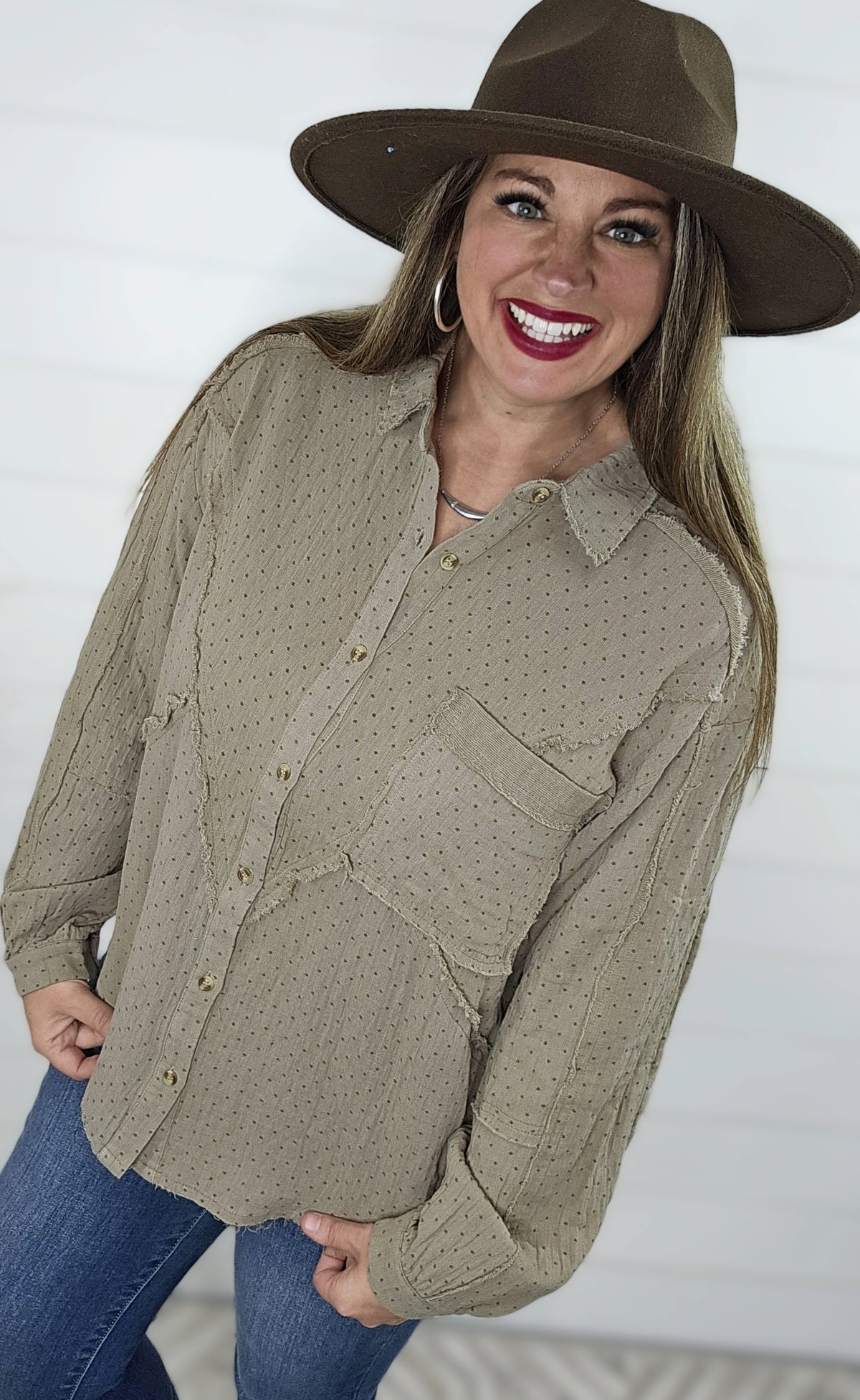 OLIVE GREY PRINTED COTTON GAIZED OVERSIZED BUTTON DOWN