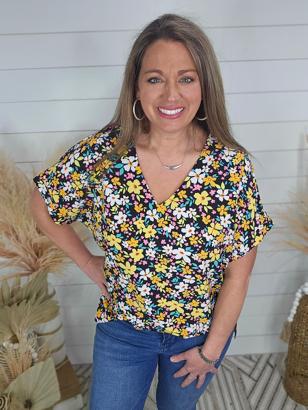 BLACK/YELLOW FLORAL V NECK WOVEN TOP