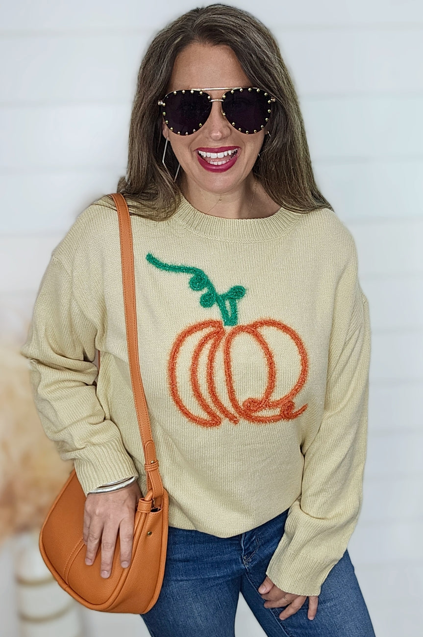 FALL PUMPKIN YARN EMBROIDERED SWEATER