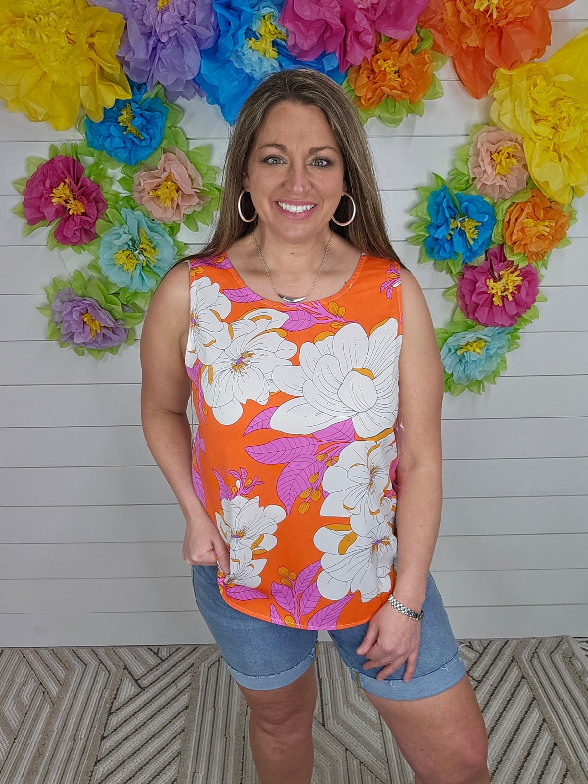 ORANGE FLORAL SLEEVELESS WOVEN TANK