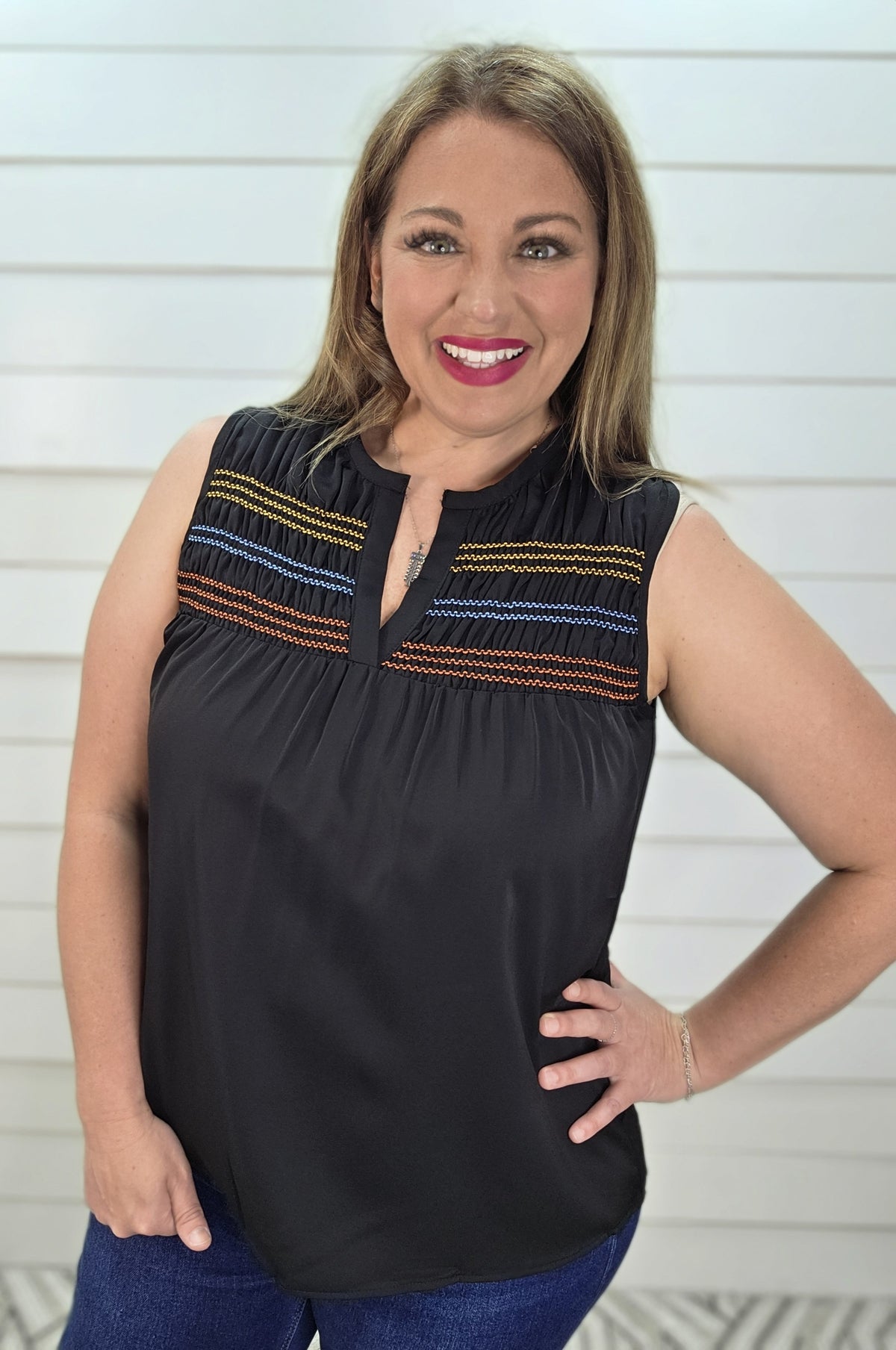 BLACK V NECK TANK TOP W/ MULTI COLOR STITCHING