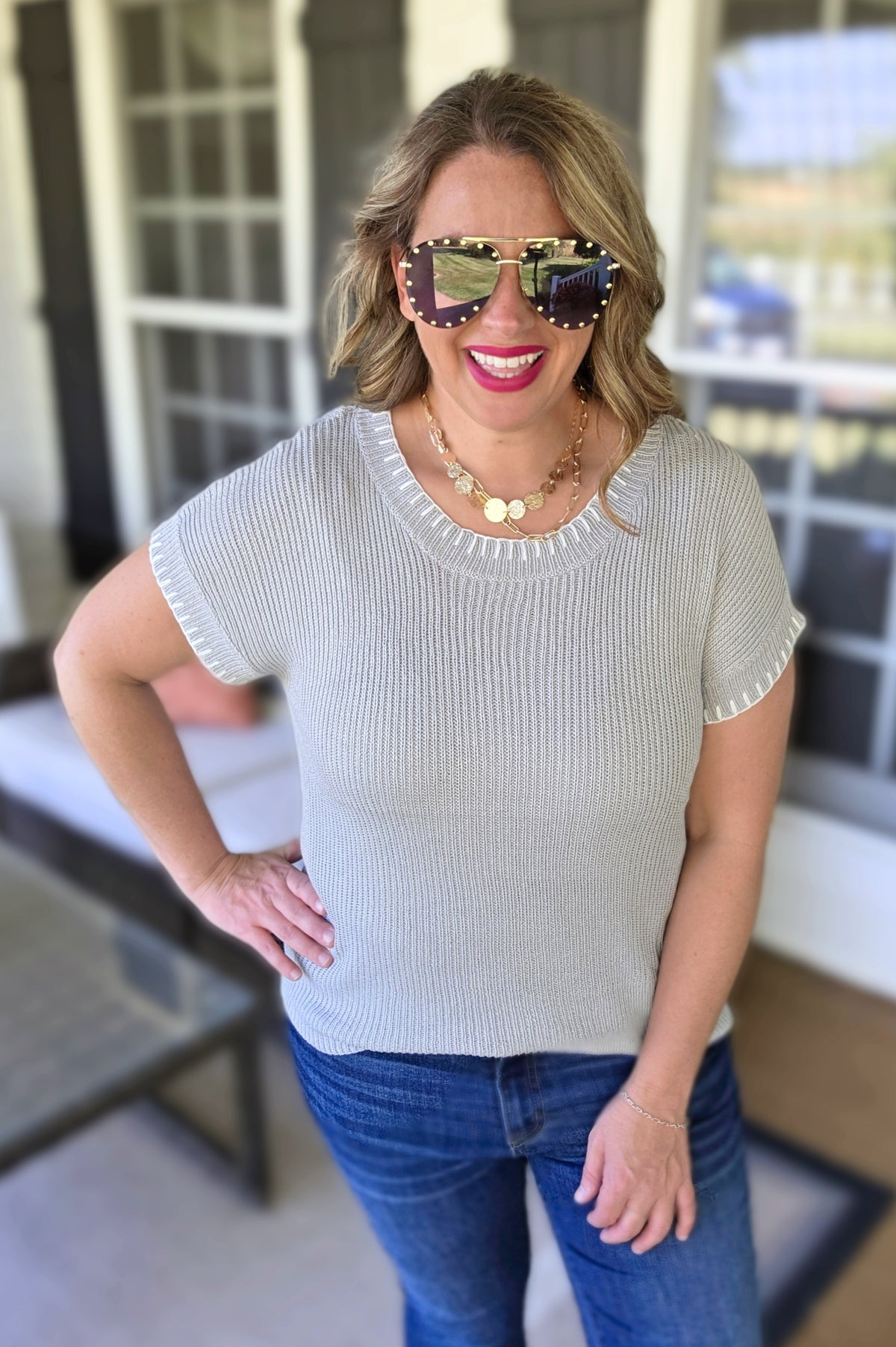 GREY STITCHED HEM CREW NECK SHORT SLEEVE PULLOVER SWEATER