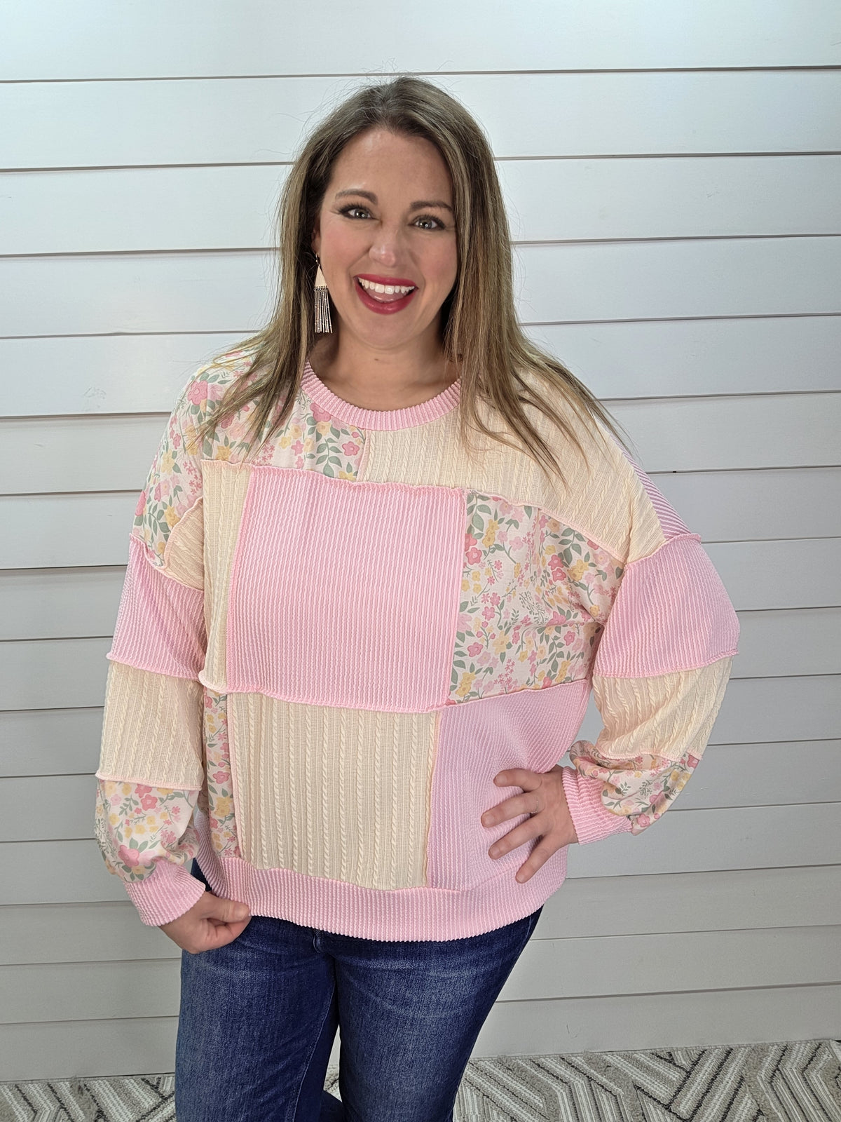PINK/FLORAL RAISED RIBBED PATCHWORK KNIT TOP