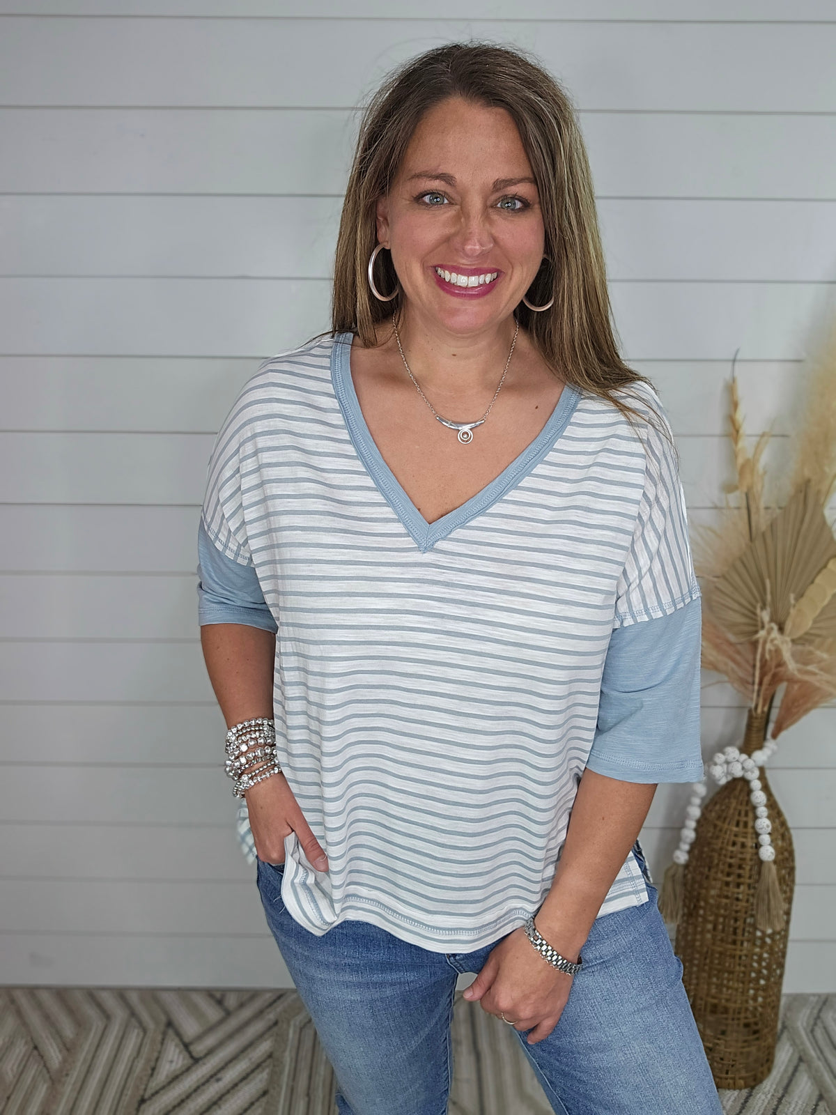 SEAFOAM/WHITE STRIPED V NECK COTTON TOP