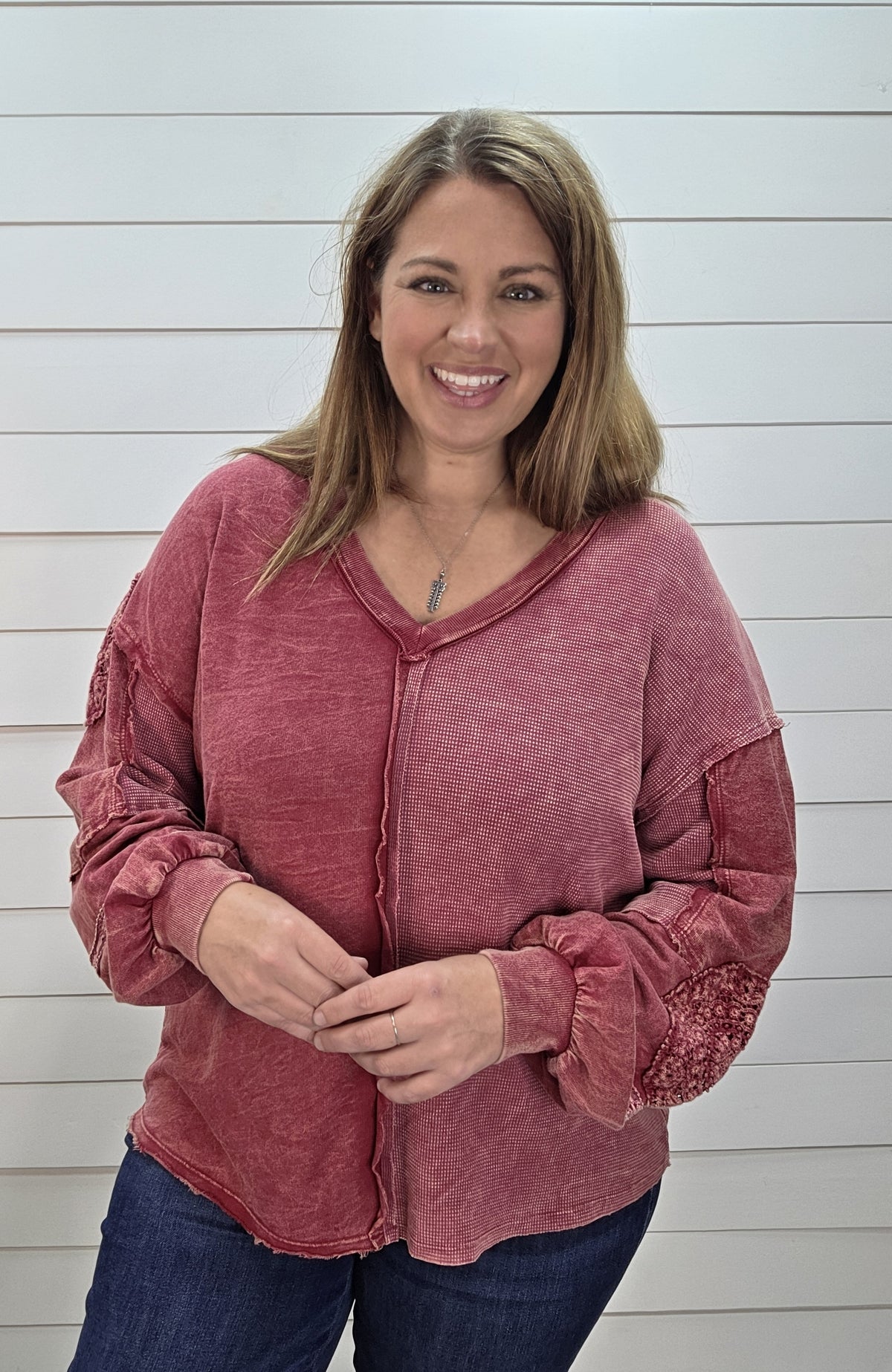 BURGUNDY Mineral Washed Doily V neck KNIT TOP