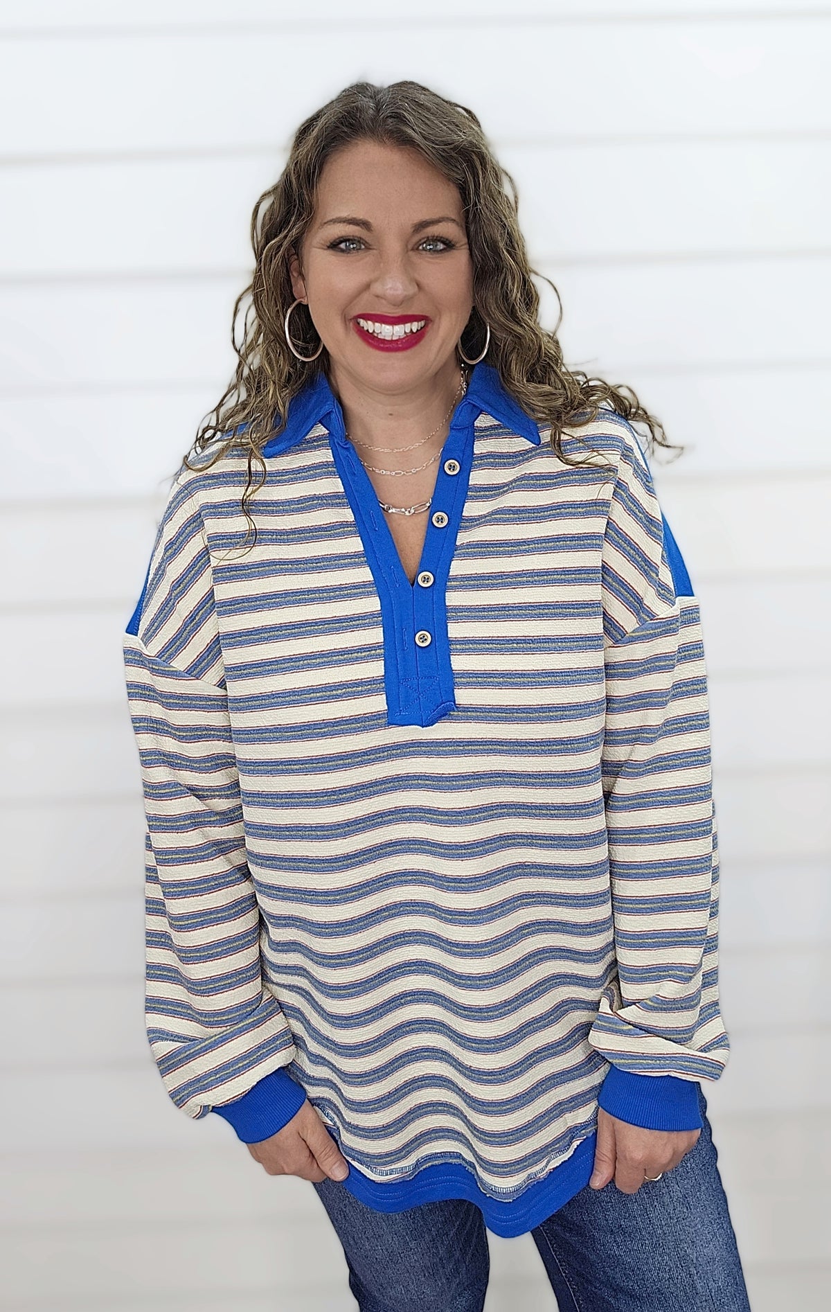 BLUE STRIPED V NECK COLLARED TOP